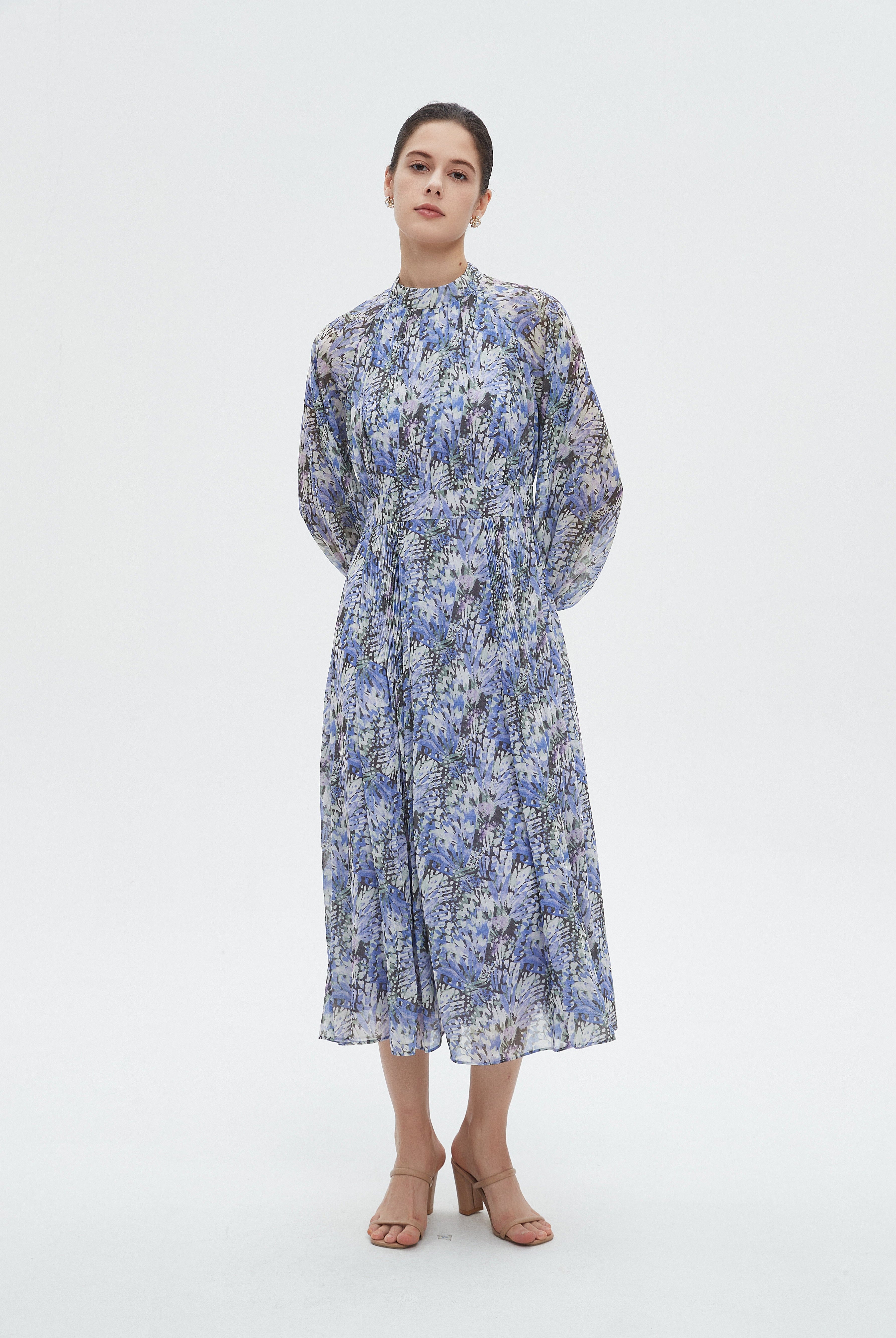 ميكا فستان نسائي ميدي مشجر بأكمام طويلة