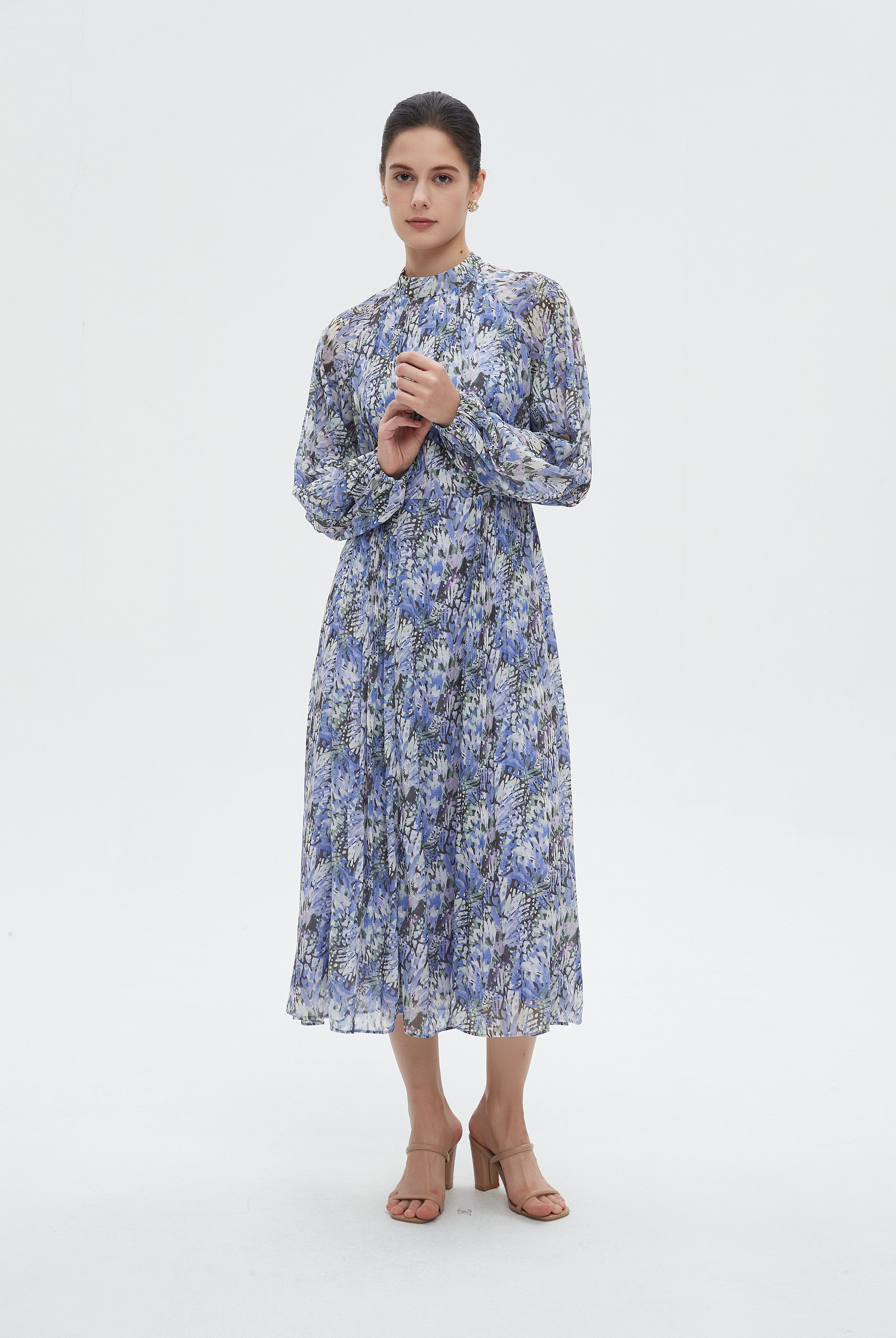 ميكا فستان نسائي ميدي مشجر بأكمام طويلة