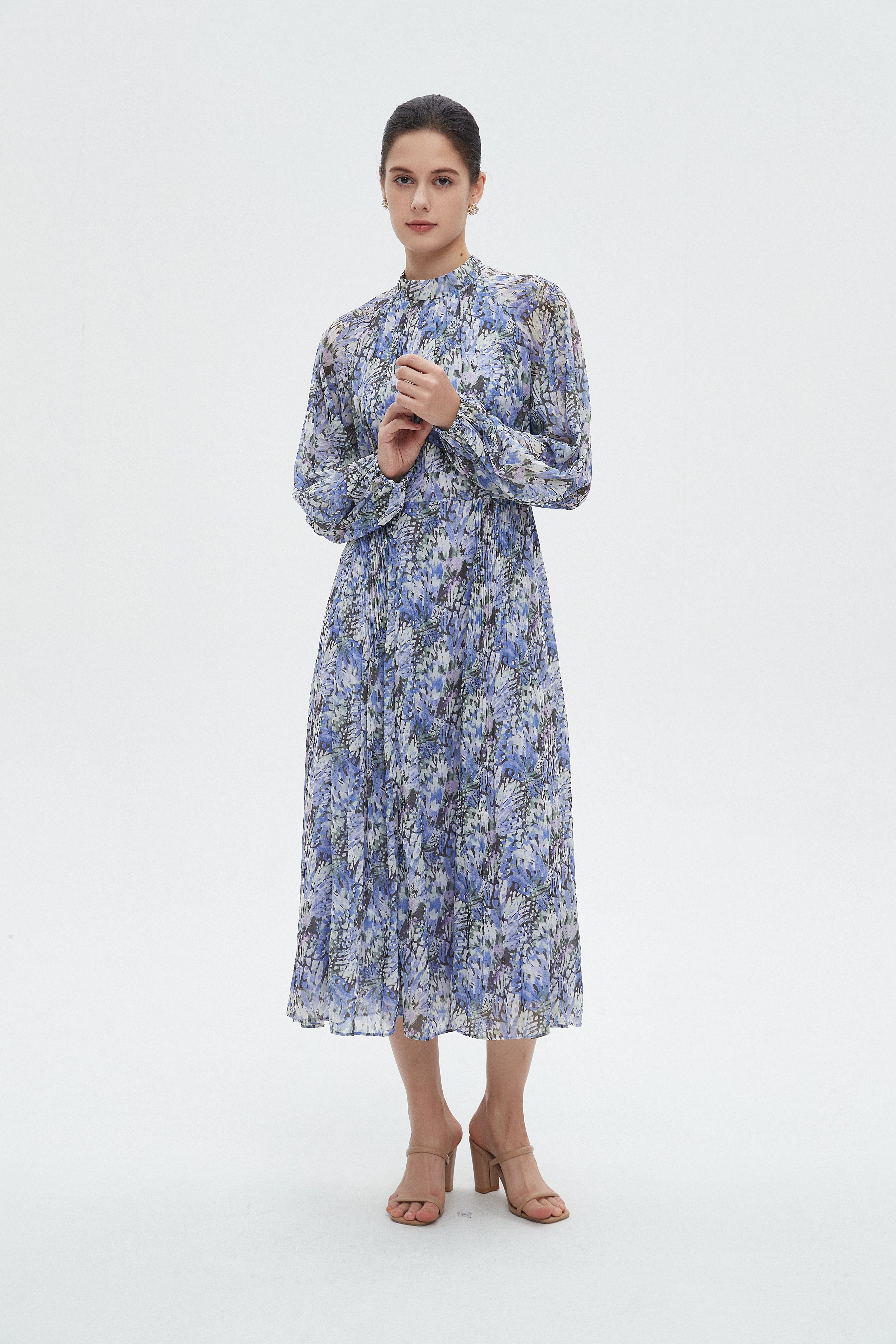 ميكا فستان نسائي ميدي مشجر بأكمام طويلة