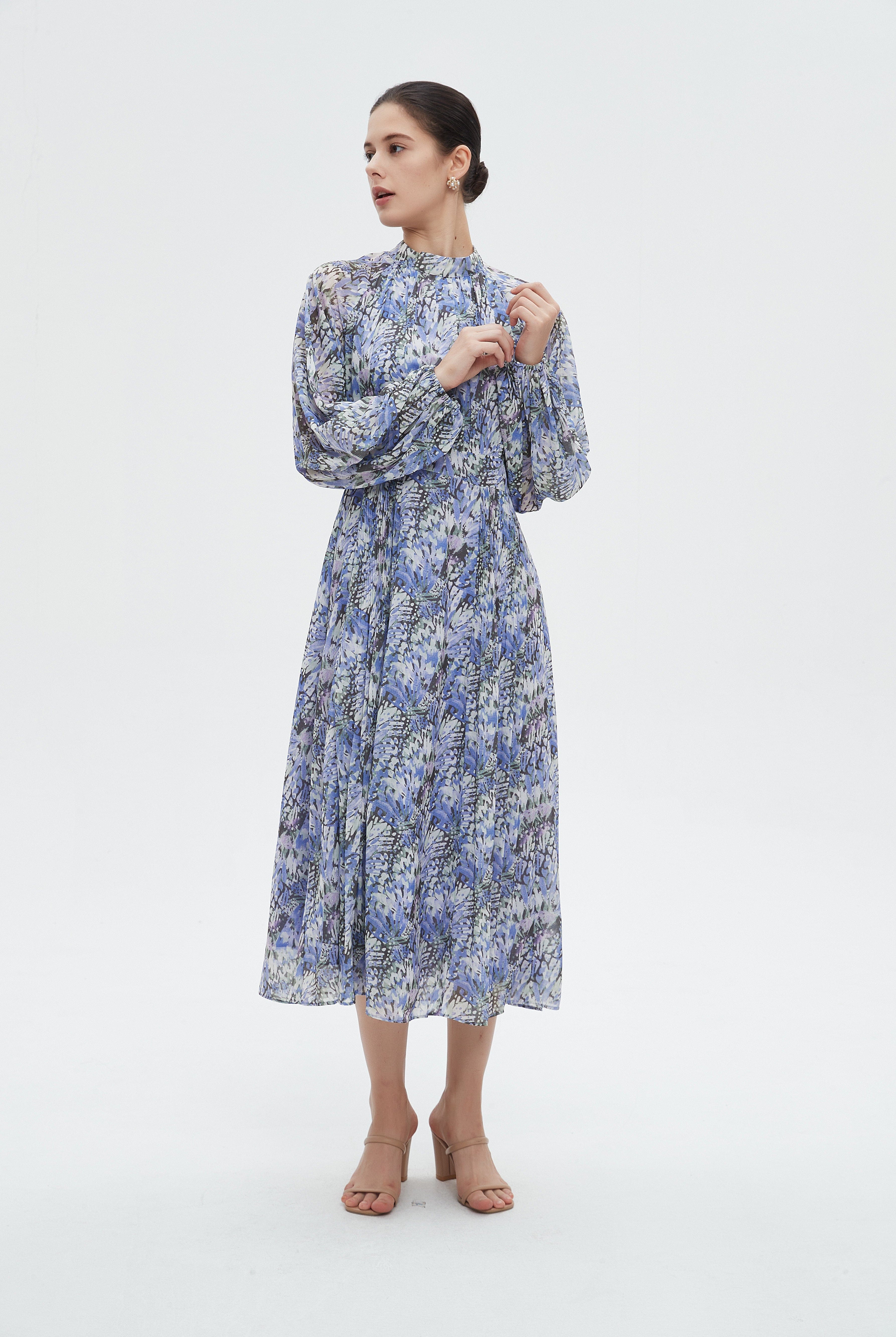 ميكا فستان نسائي ميدي مشجر بأكمام طويلة