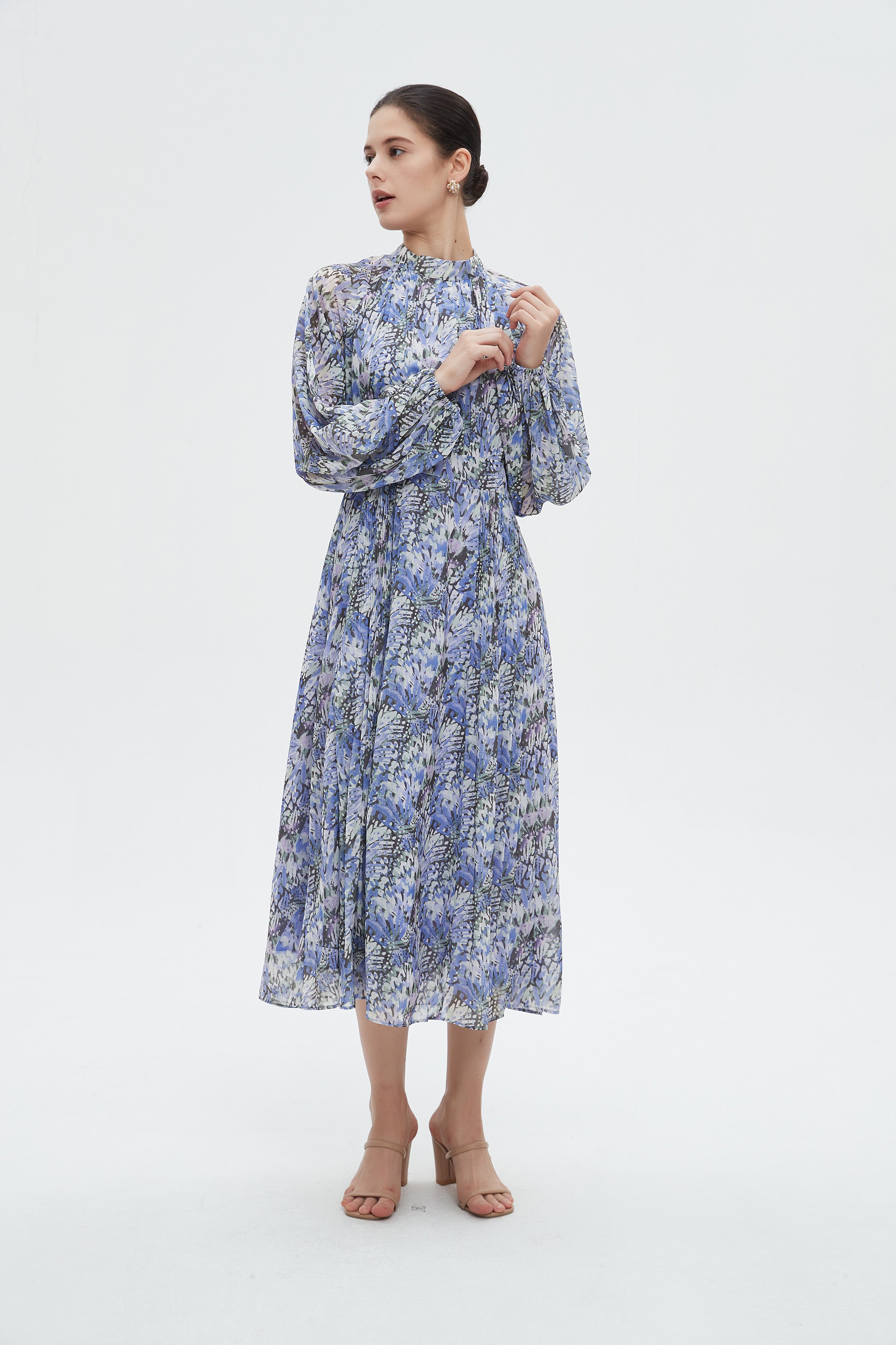 ميكا فستان نسائي ميدي مشجر بأكمام طويلة