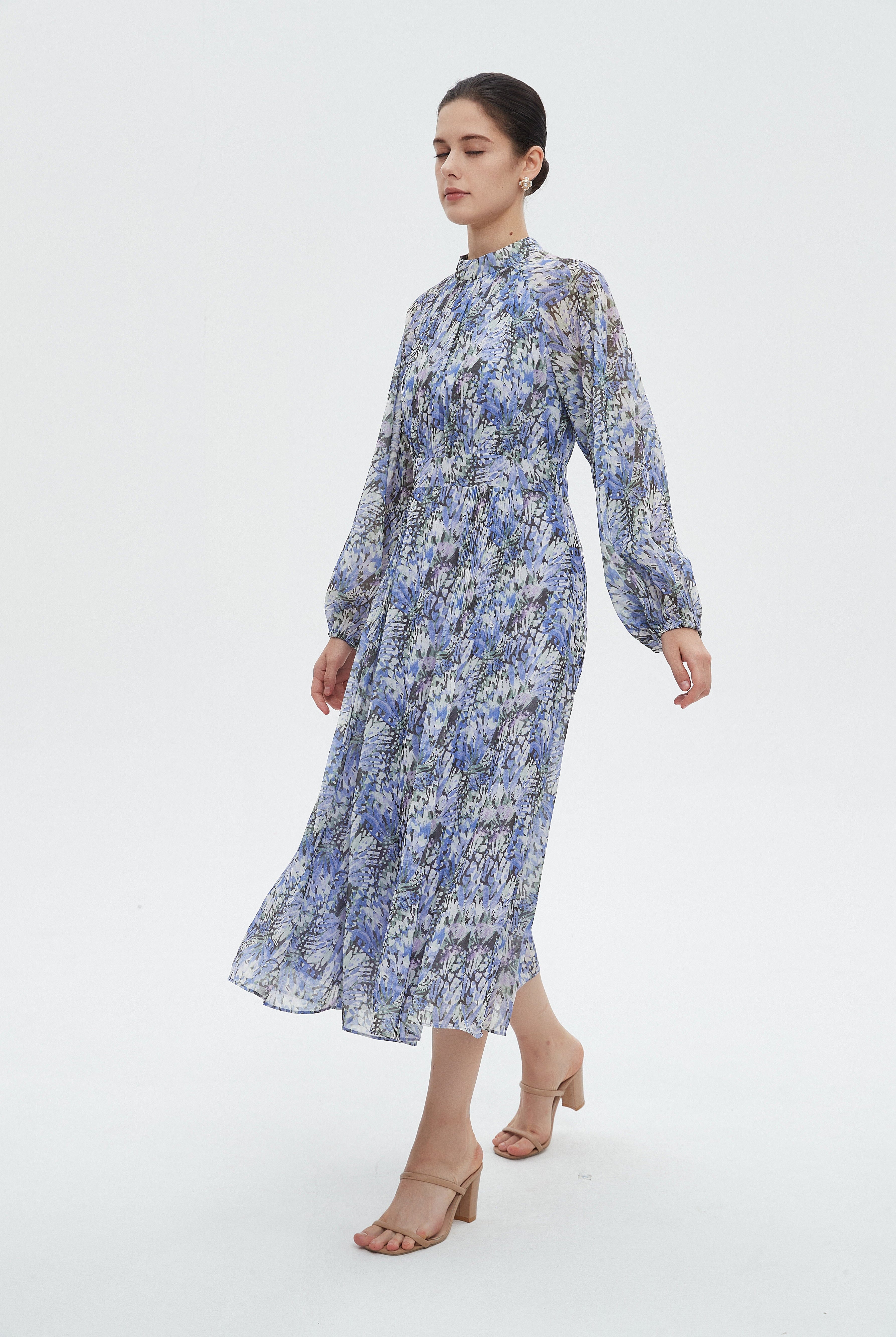 ميكا فستان نسائي ميدي مشجر بأكمام طويلة