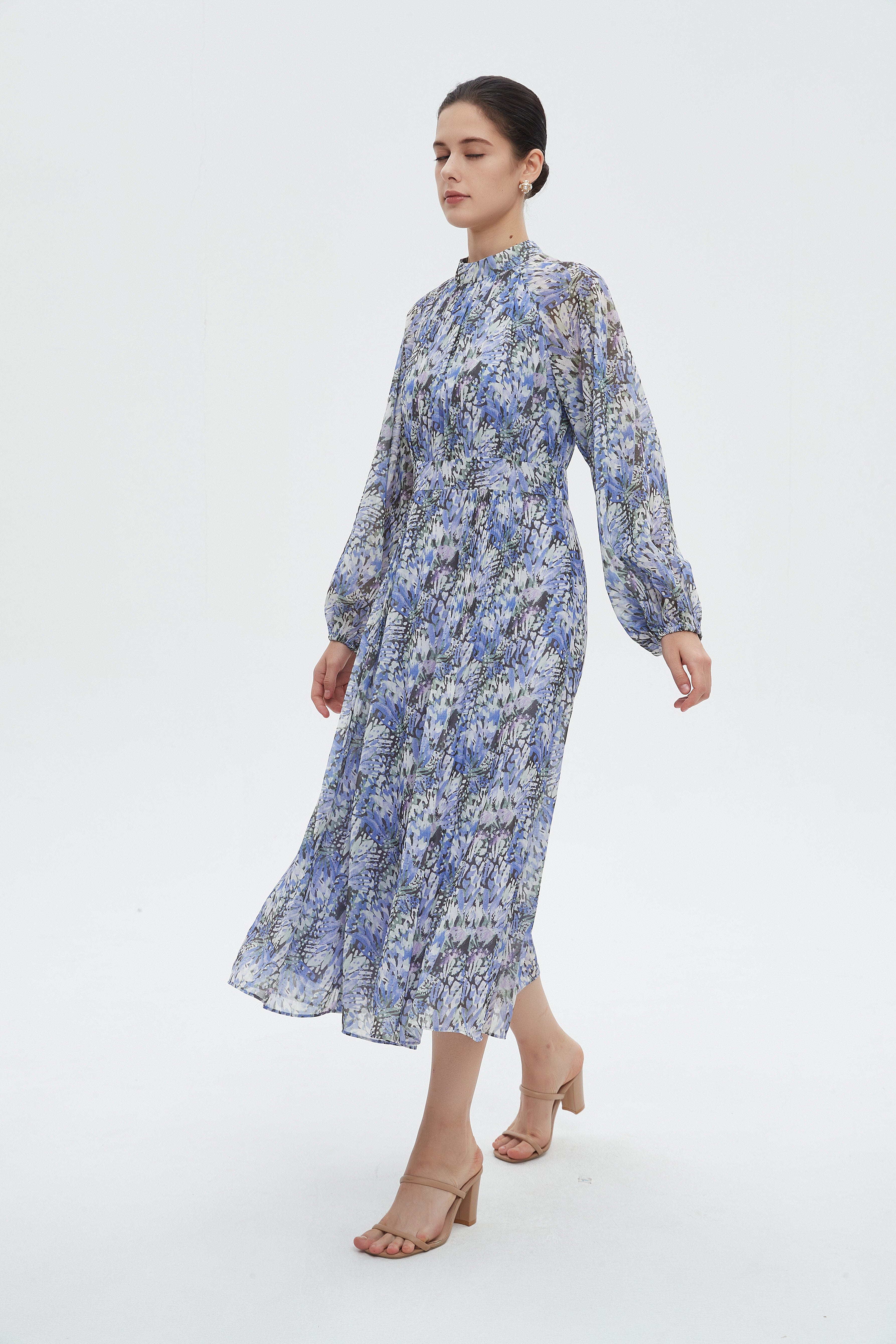 ميكا فستان نسائي ميدي مشجر بأكمام طويلة