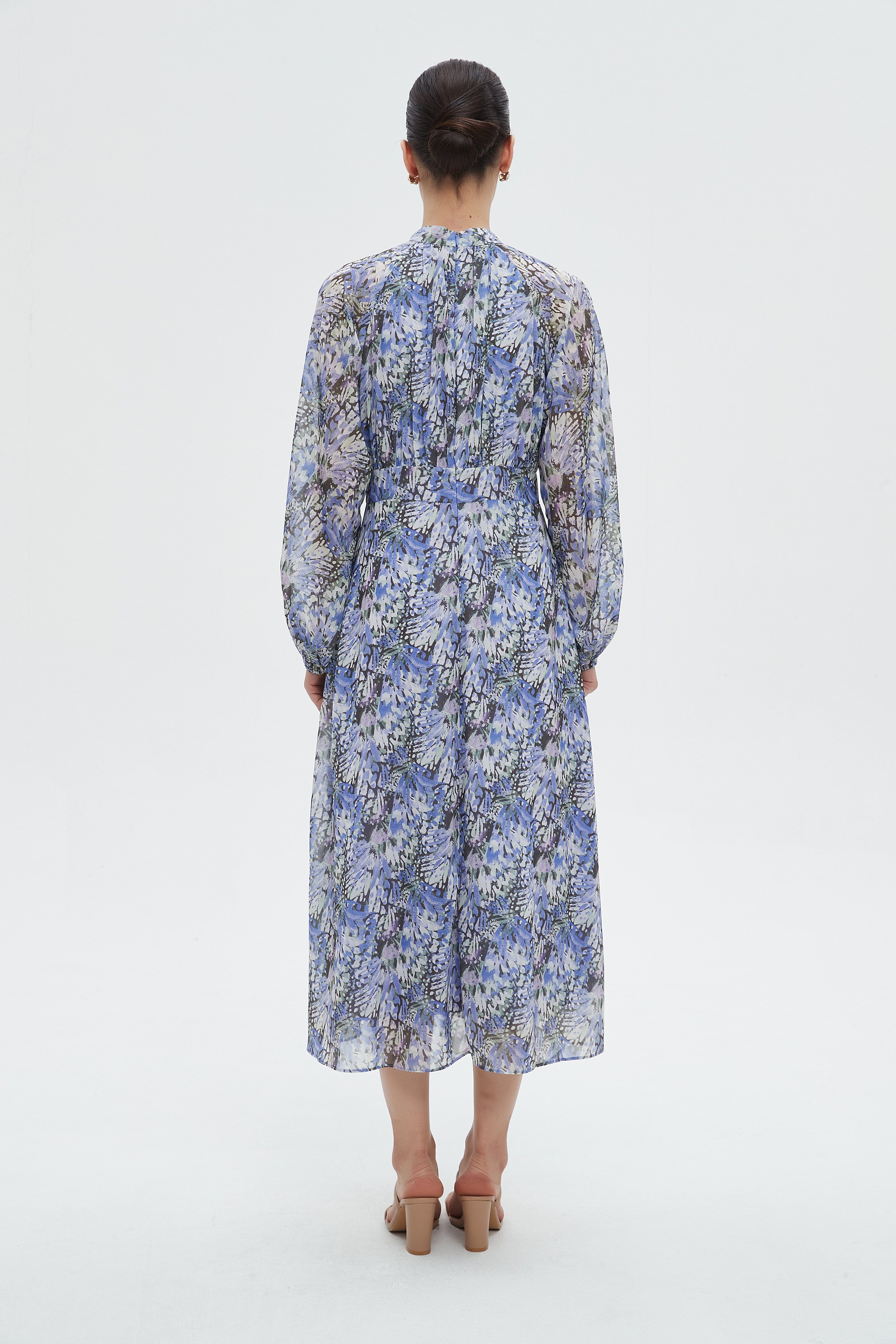 ميكا فستان نسائي ميدي مشجر بأكمام طويلة