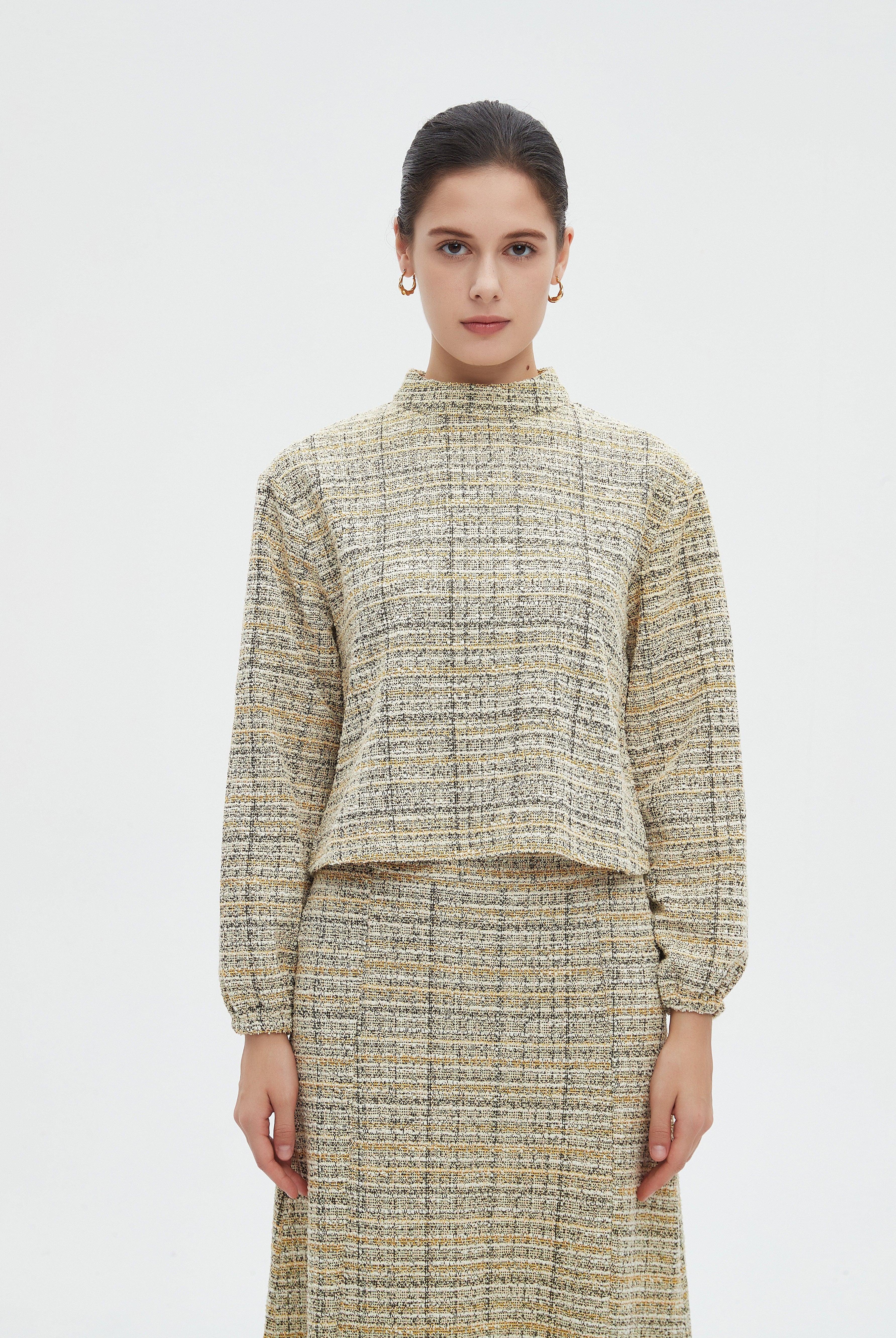 ميكا بلوزة نسائية شتوية مخططة كاروهات باكمام طويلة ورقبة عالية