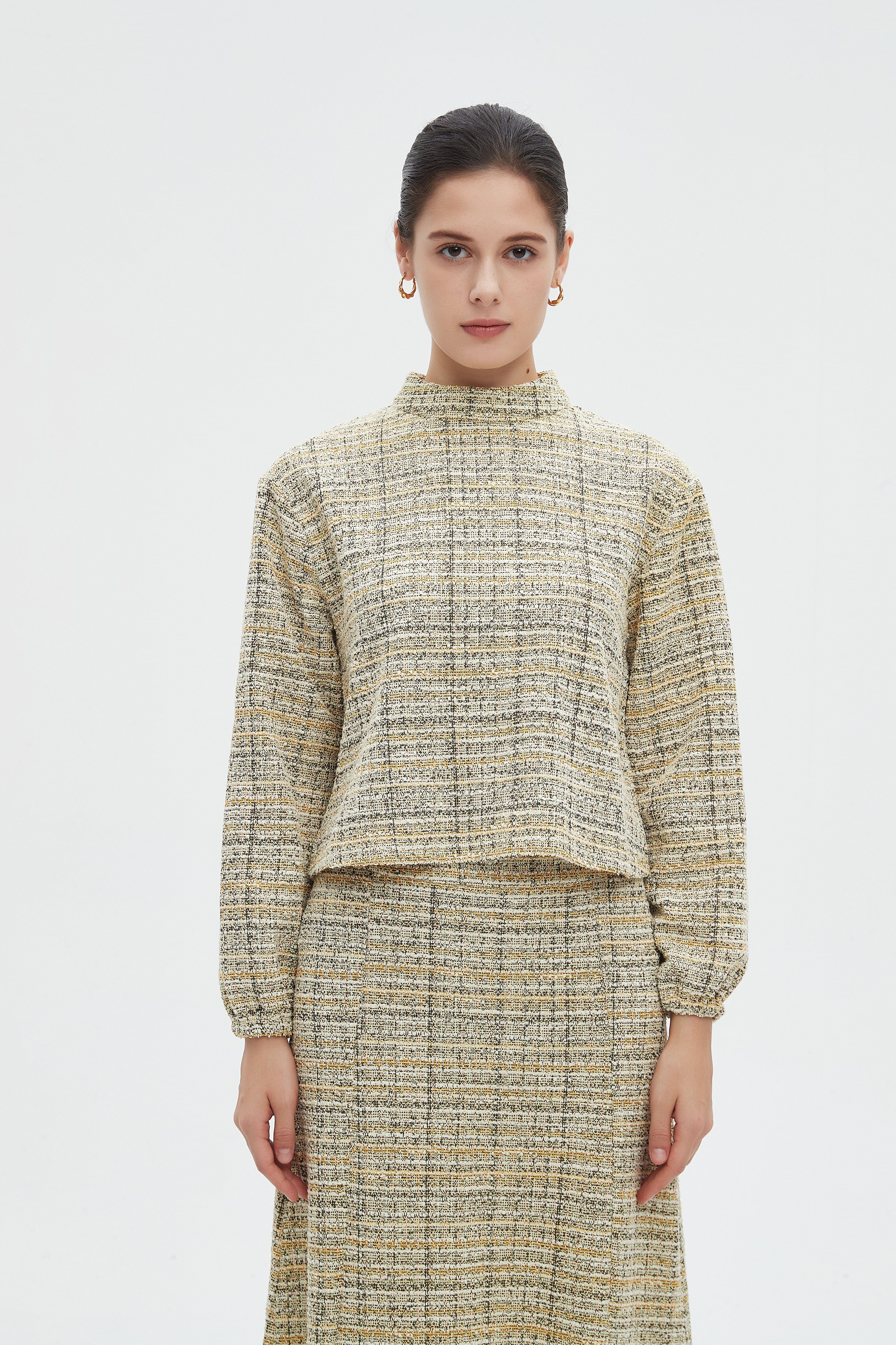 ميكا بلوزة نسائية شتوية مخططة كاروهات باكمام طويلة ورقبة عالية