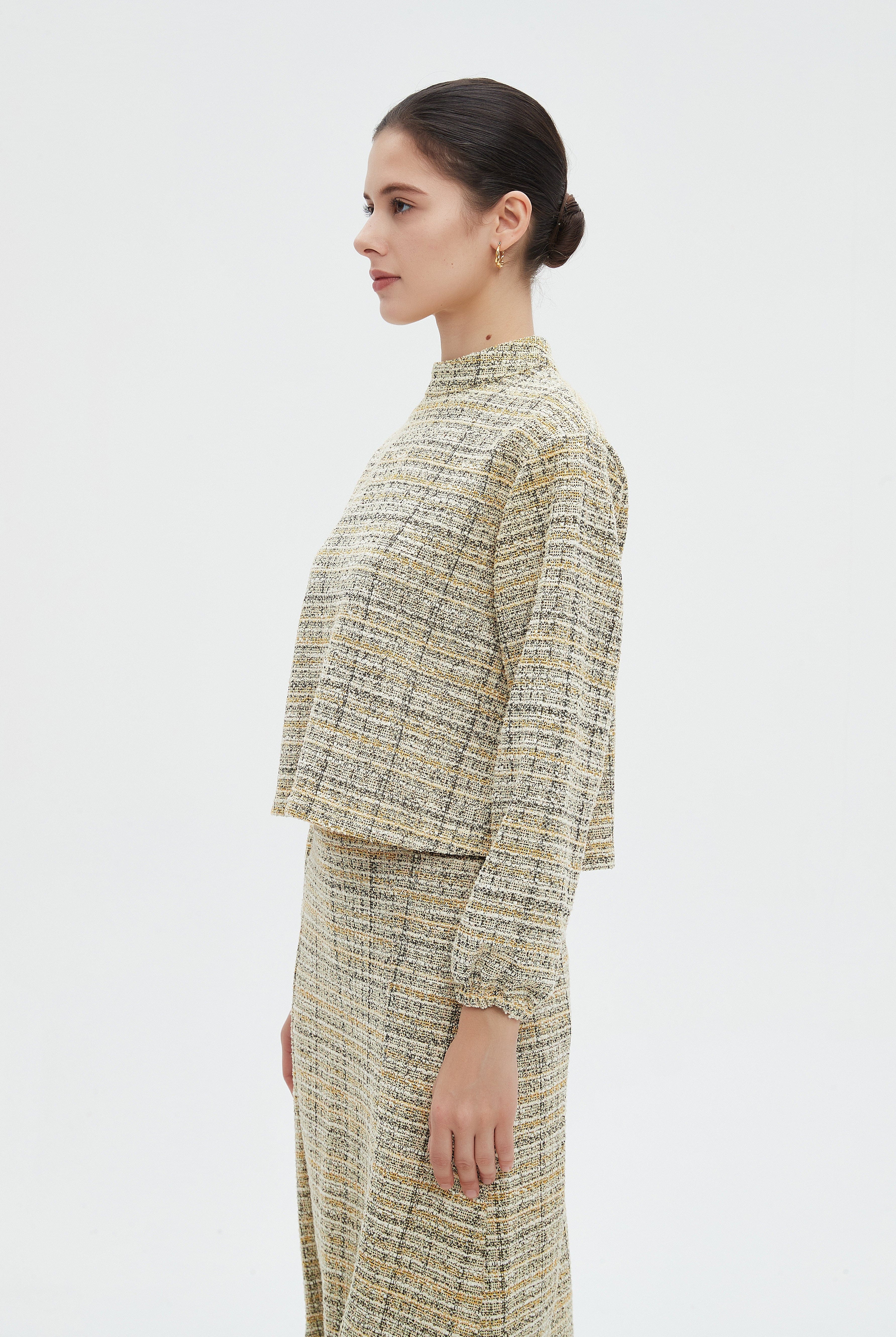 ميكا بلوزة نسائية شتوية مخططة كاروهات باكمام طويلة ورقبة عالية