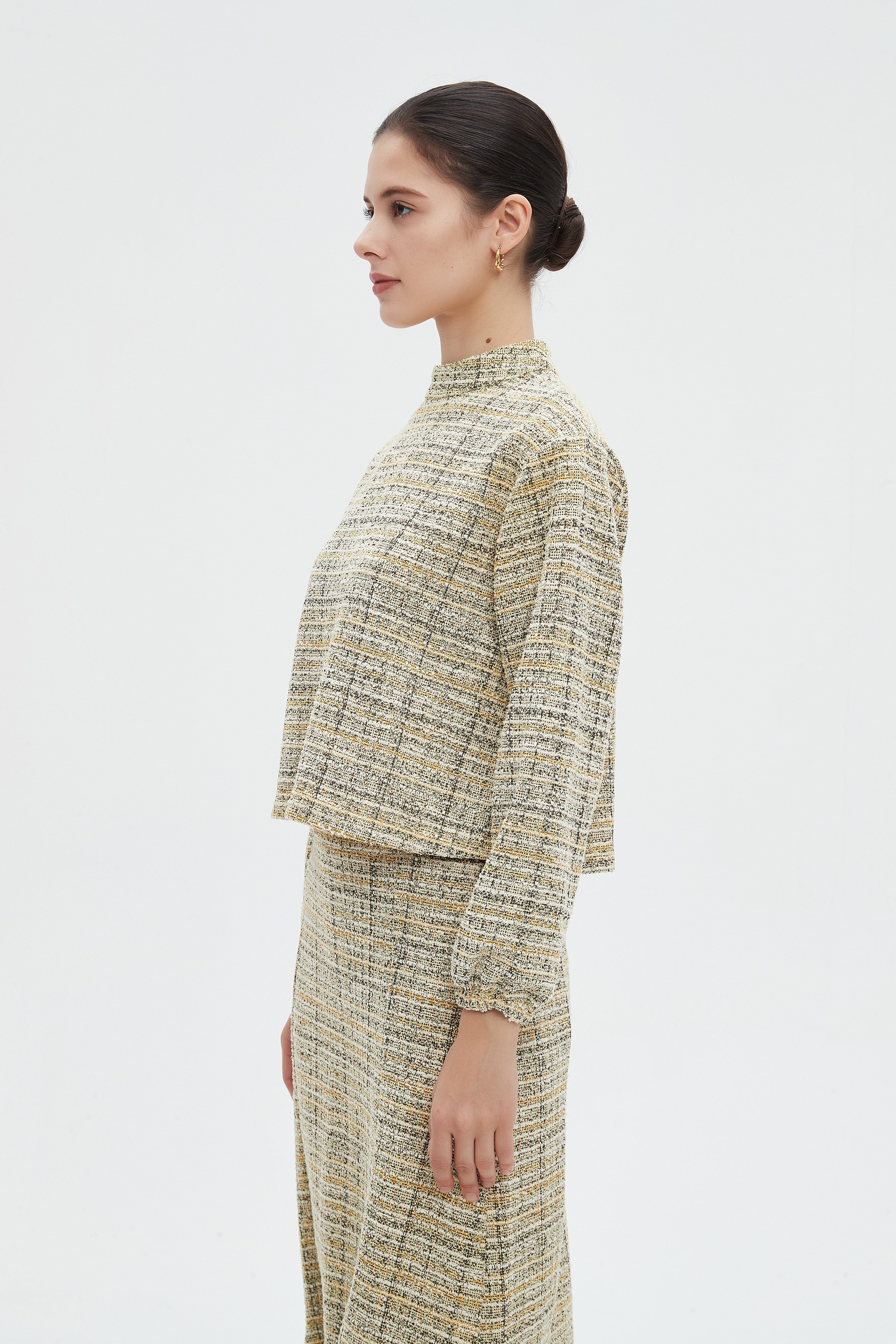 ميكا بلوزة نسائية شتوية مخططة كاروهات باكمام طويلة ورقبة عالية