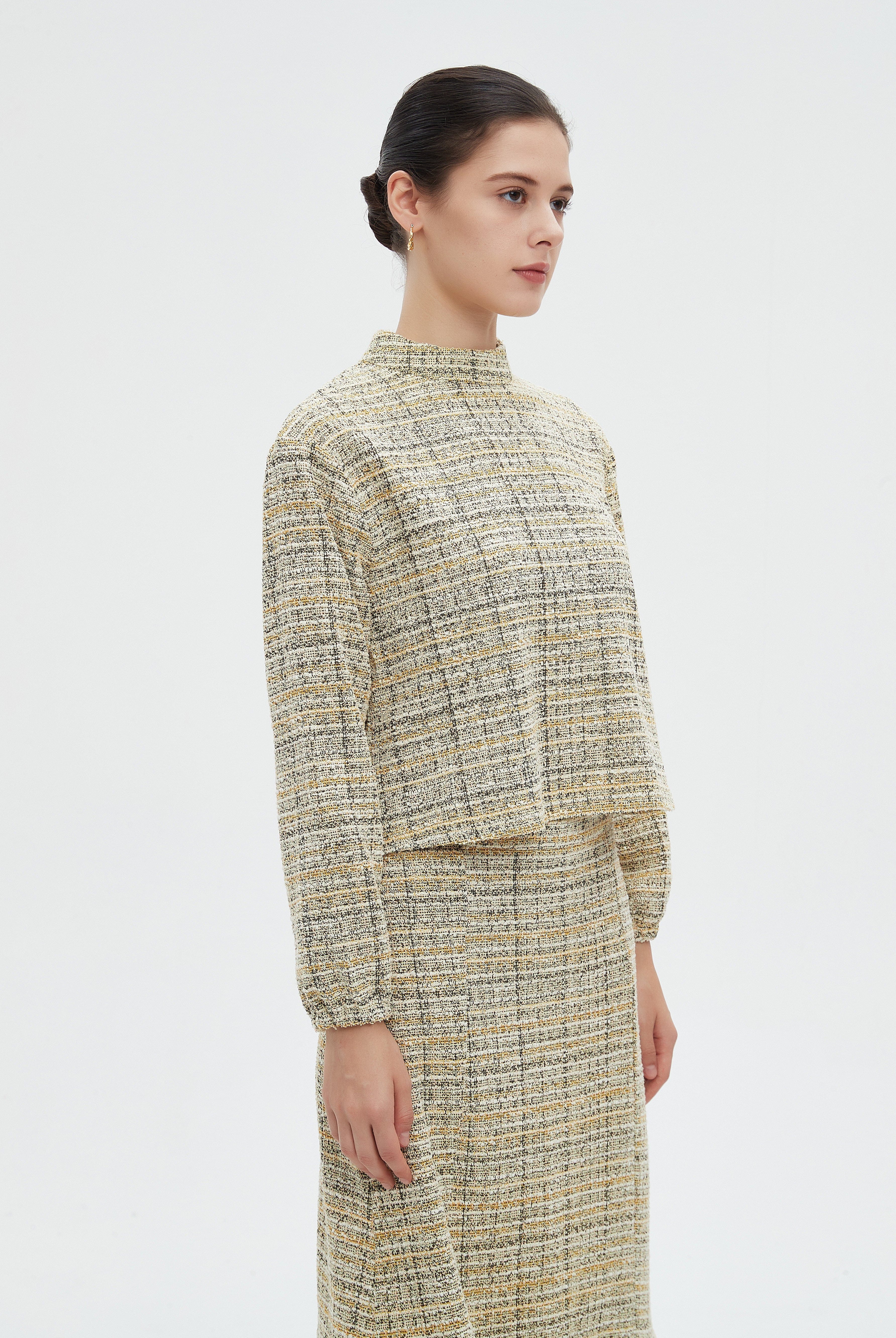 ميكا بلوزة نسائية شتوية مخططة كاروهات باكمام طويلة ورقبة عالية