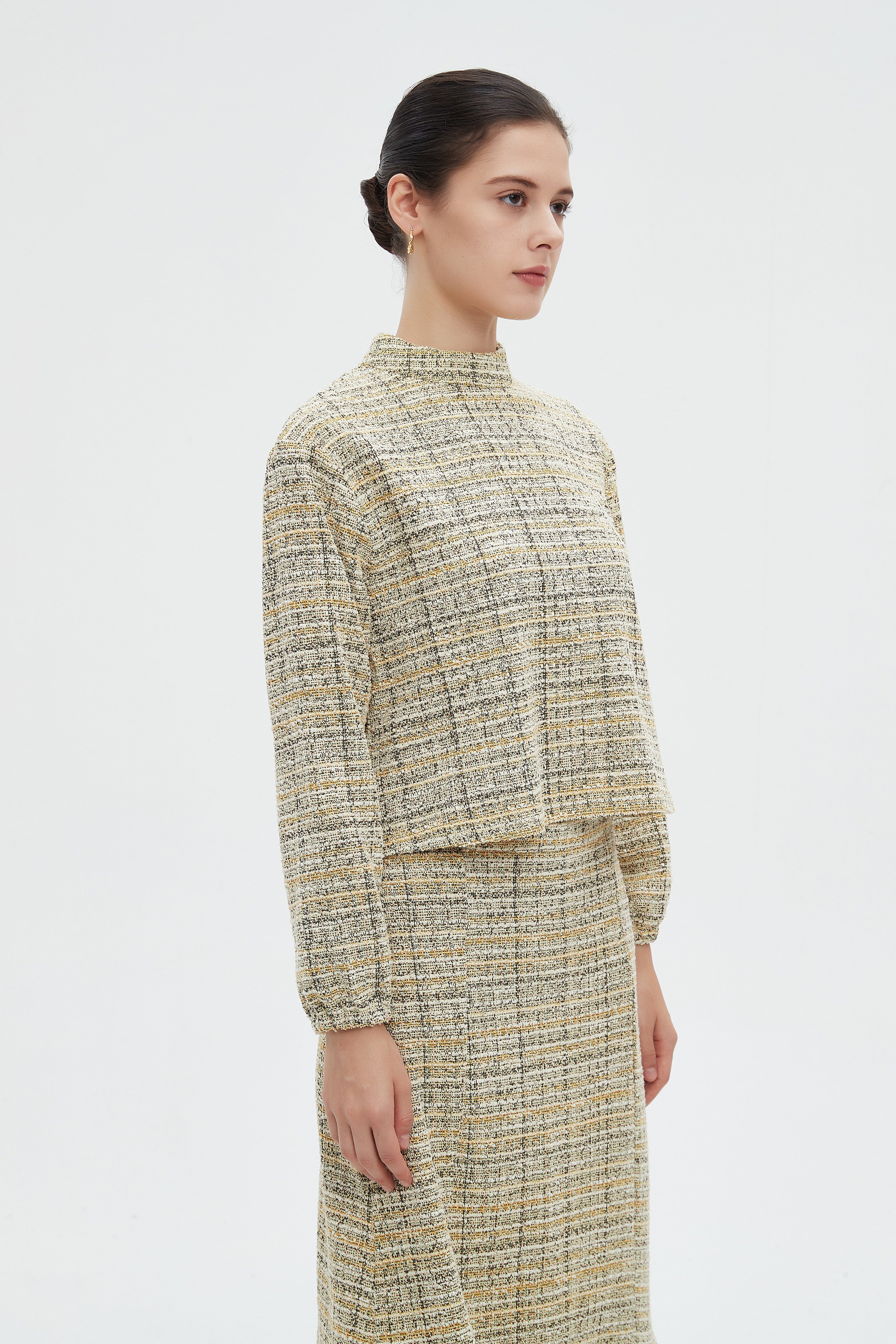 ميكا بلوزة نسائية شتوية مخططة كاروهات باكمام طويلة ورقبة عالية