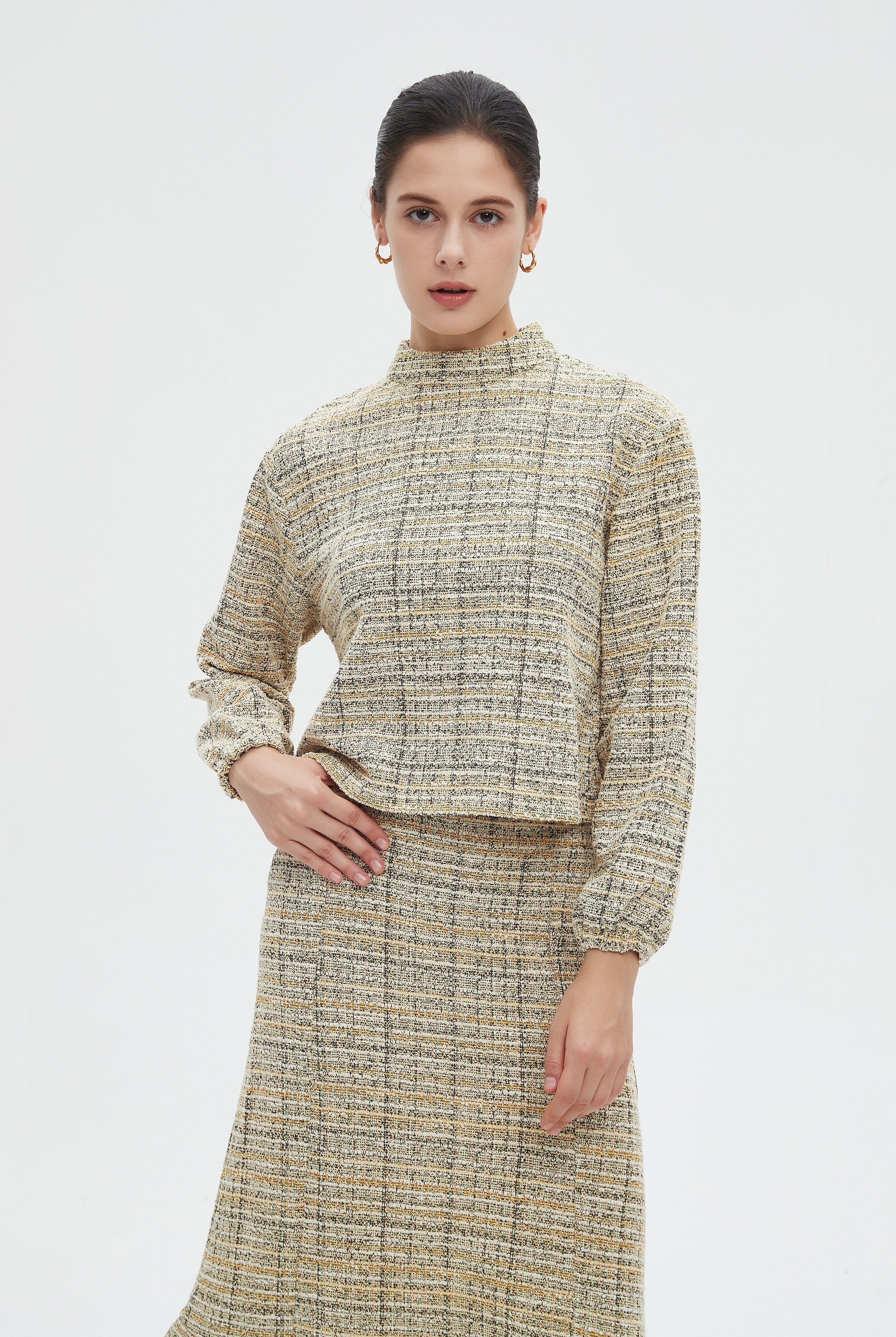 ميكا بلوزة نسائية شتوية مخططة كاروهات باكمام طويلة ورقبة عالية