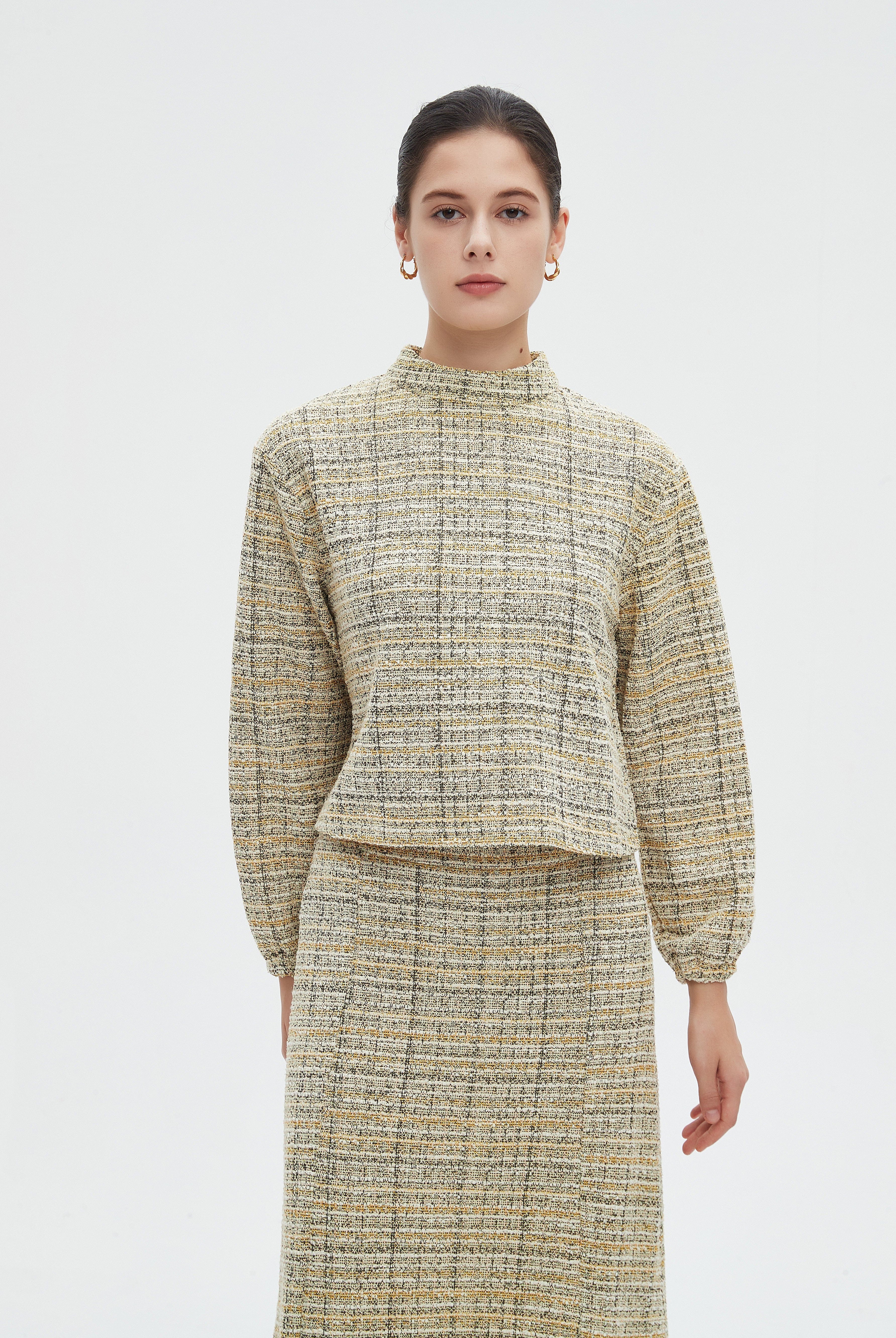 ميكا بلوزة نسائية شتوية مخططة كاروهات باكمام طويلة ورقبة عالية