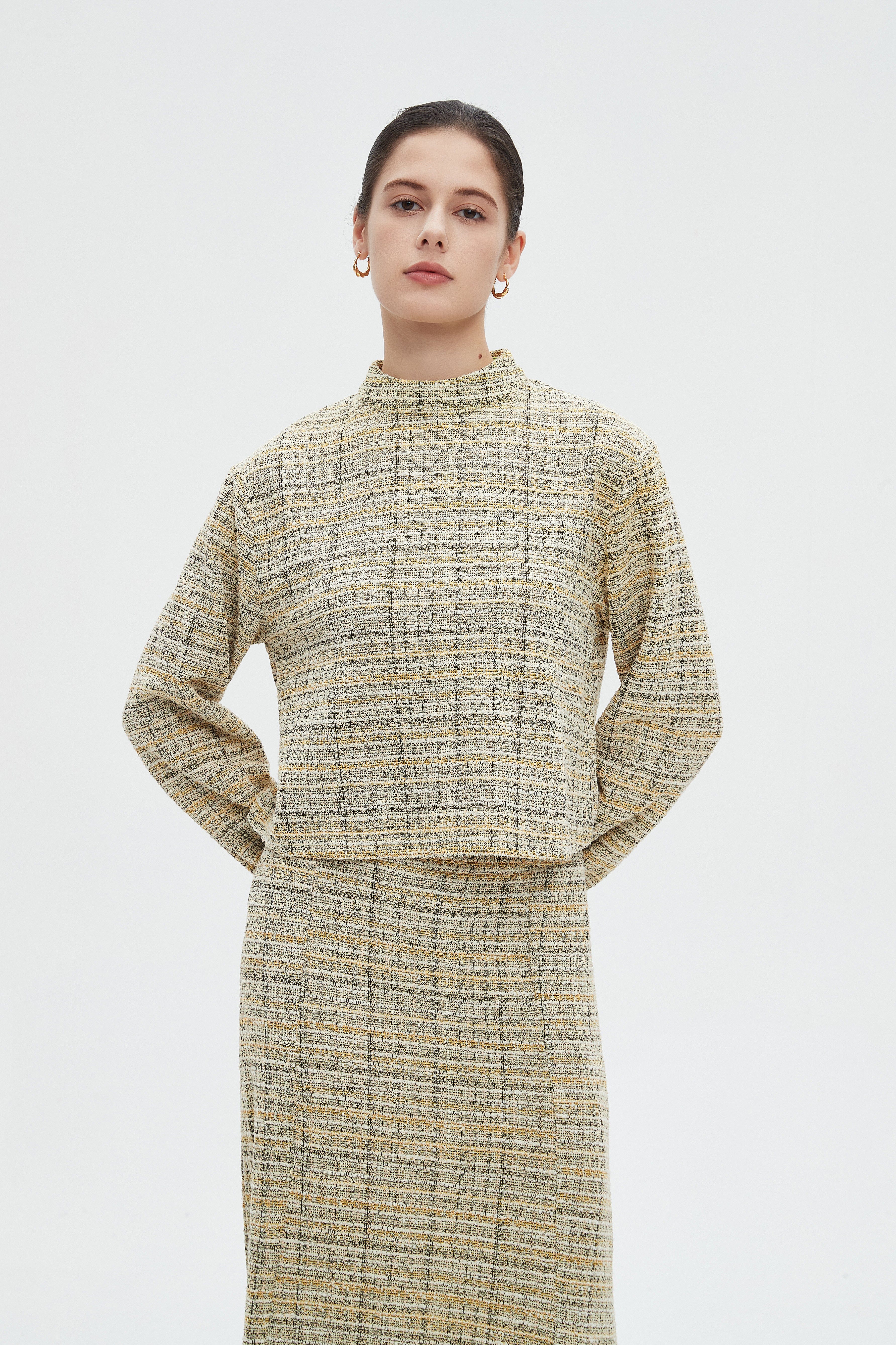 ميكا بلوزة نسائية شتوية مخططة كاروهات باكمام طويلة ورقبة عالية