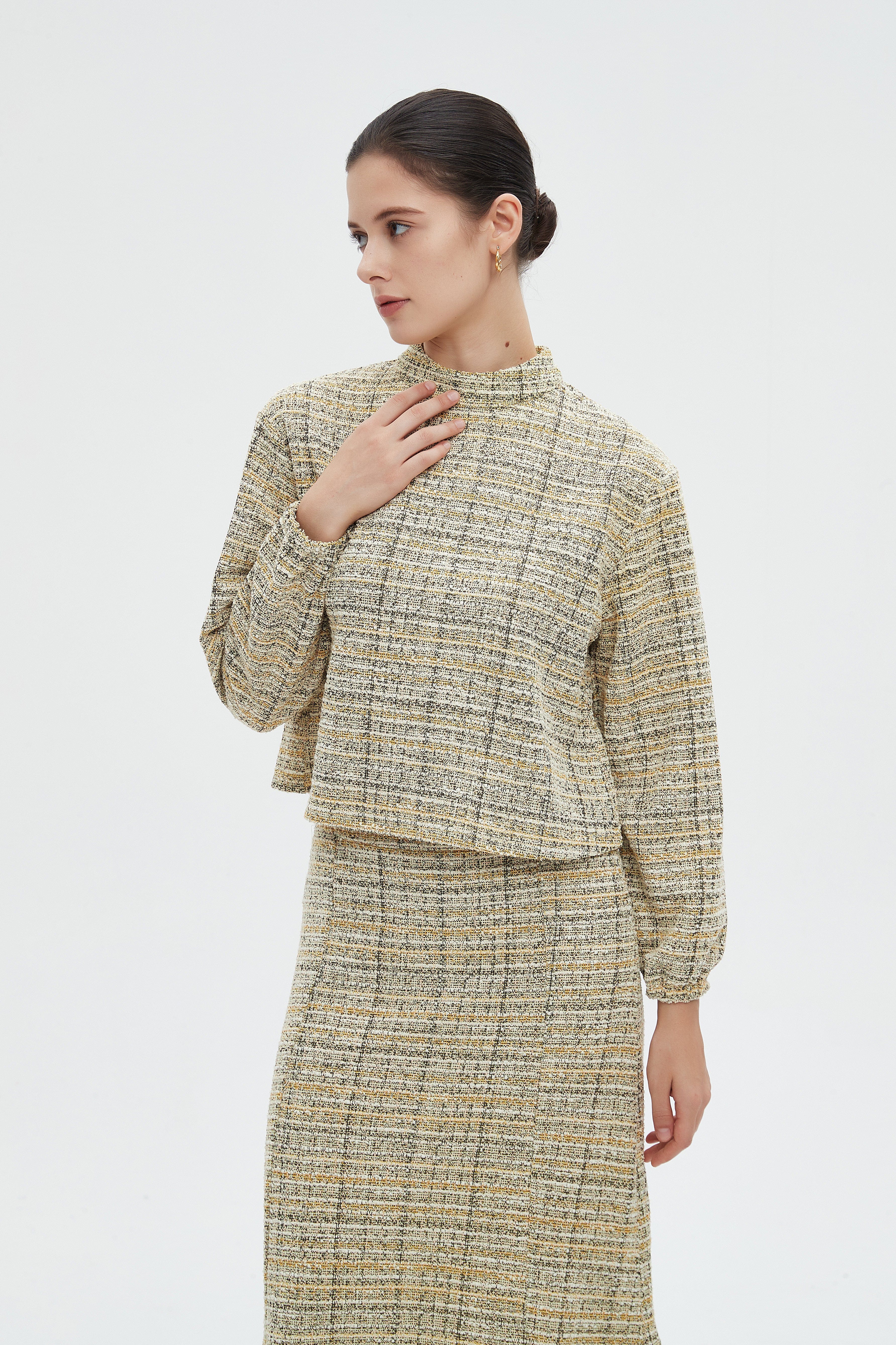 ميكا بلوزة نسائية شتوية مخططة كاروهات باكمام طويلة ورقبة عالية