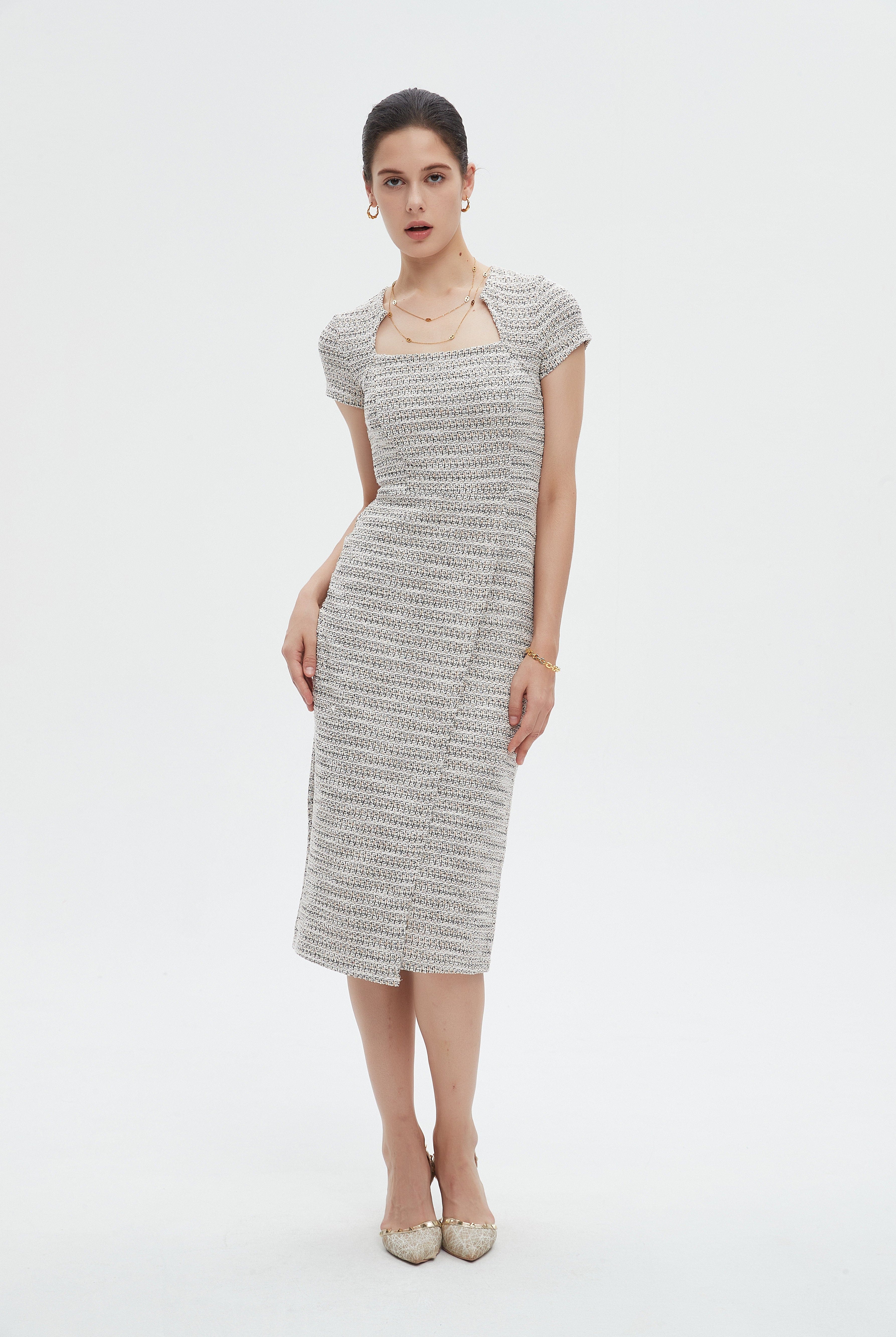 ميكا فستان نسائي ميدي مخطط بفتحة رقبة مربعة