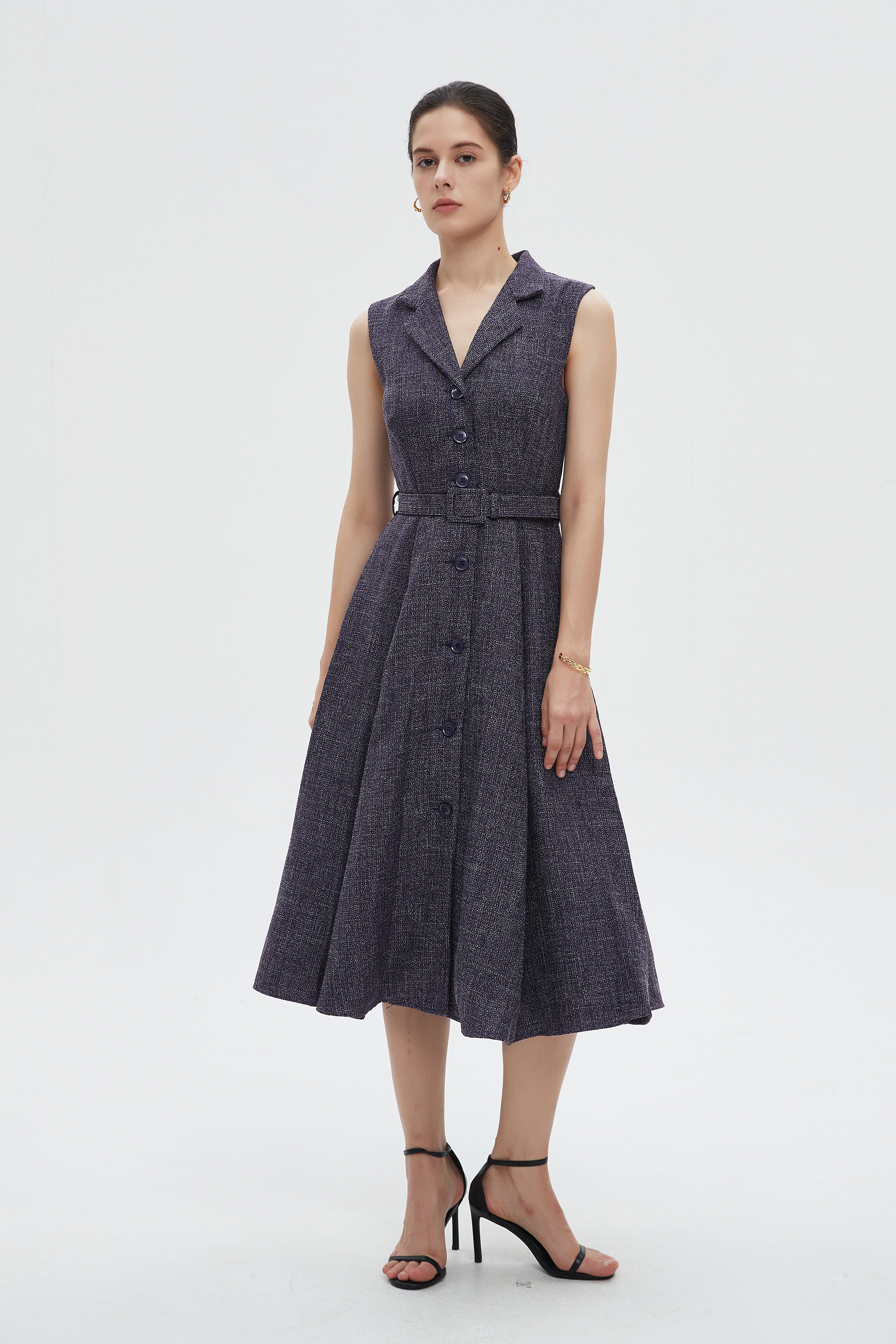 ميكا فستان نسائي ميدي كات بياقة وحزام على الخصر