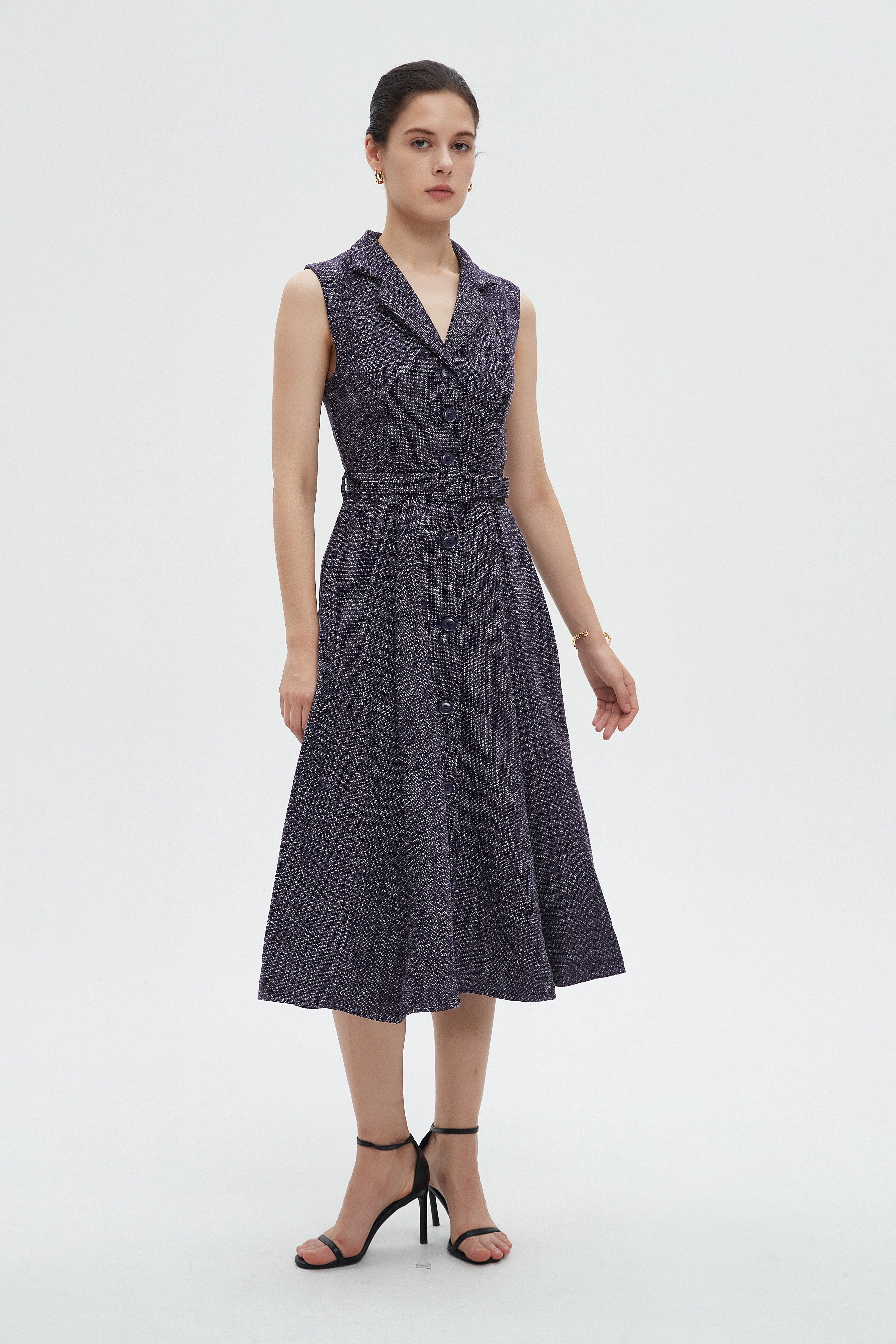 ميكا فستان نسائي ميدي كات بياقة وحزام على الخصر