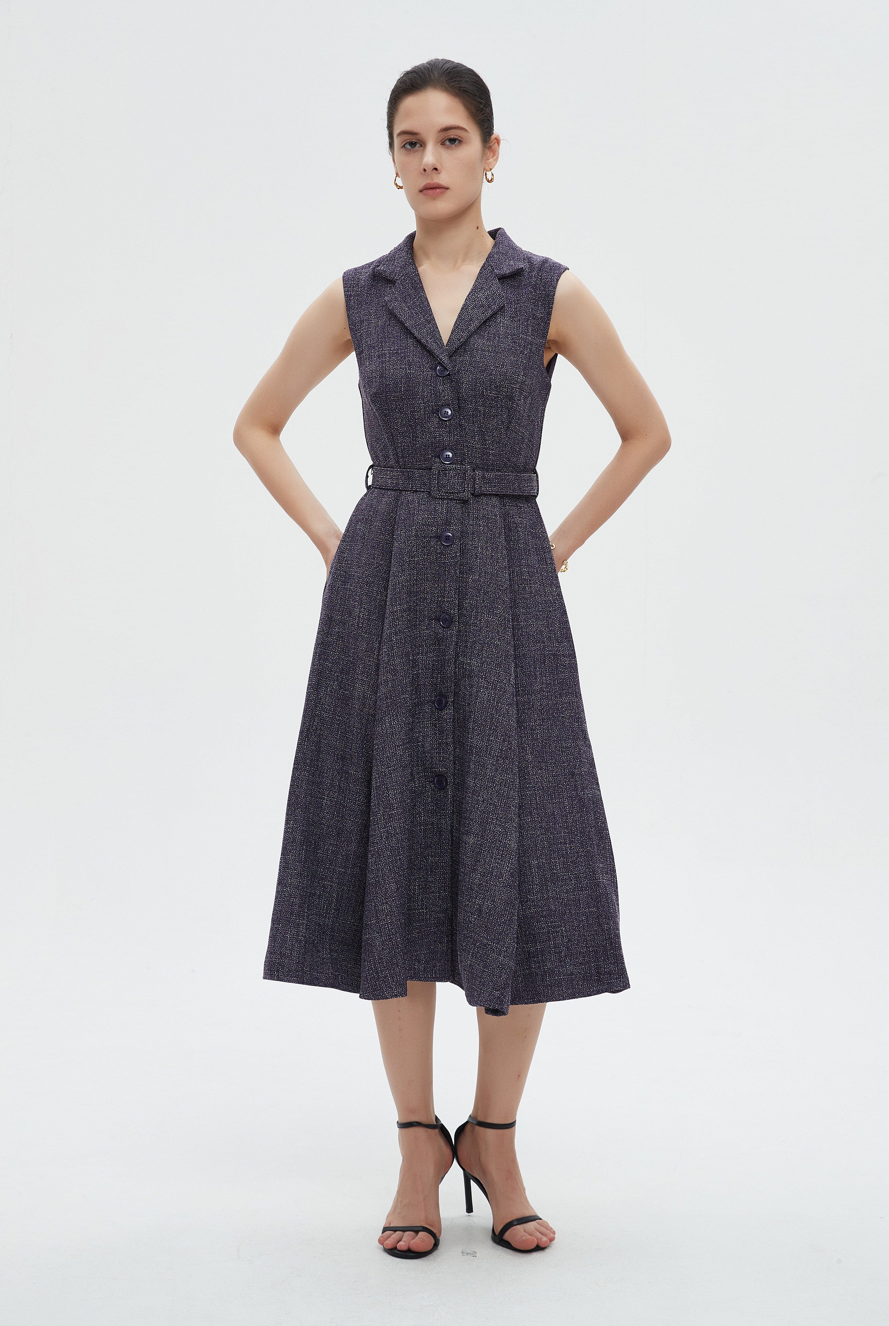 ميكا فستان نسائي ميدي كات بياقة وحزام على الخصر