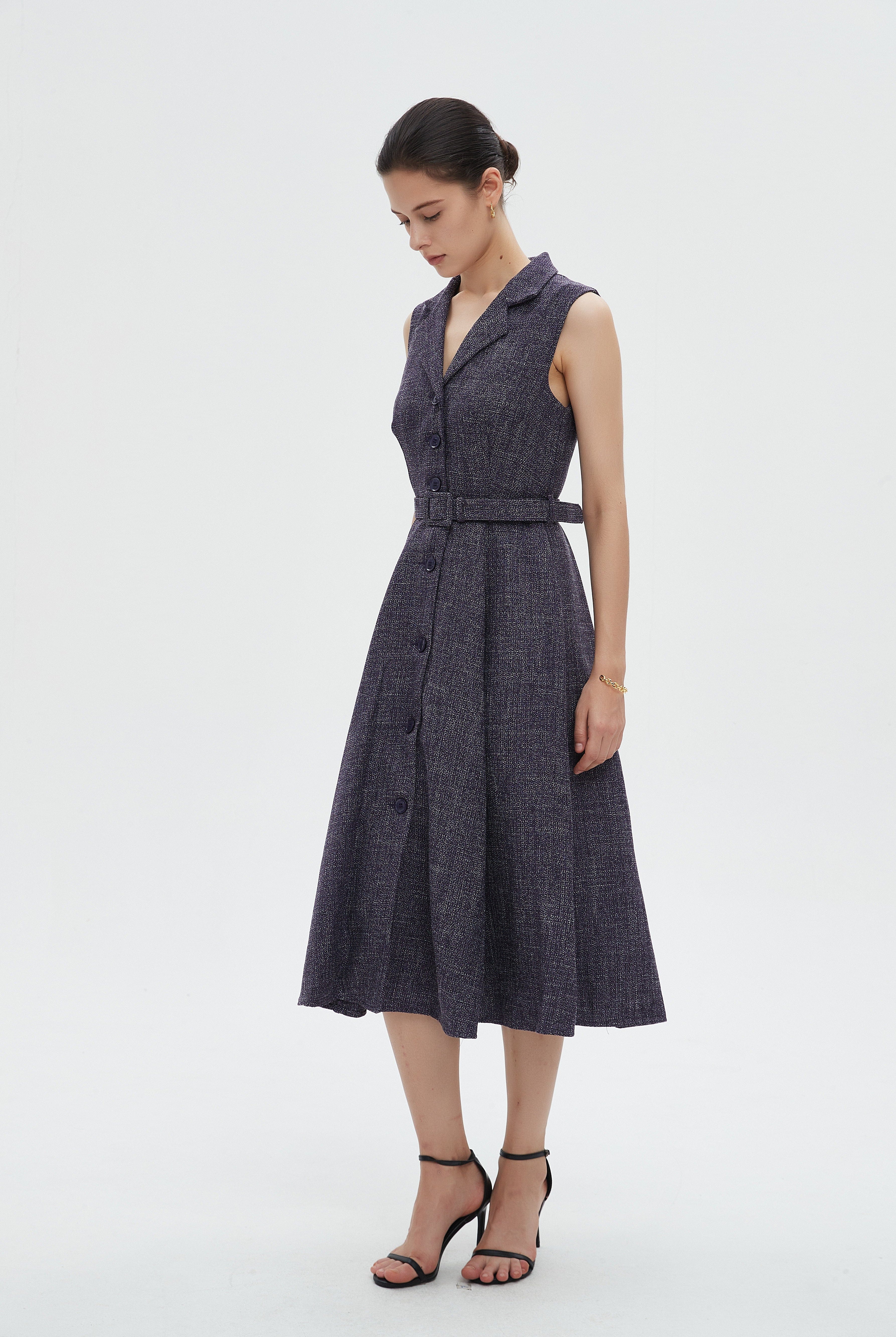 ميكا فستان نسائي ميدي كات بياقة وحزام على الخصر