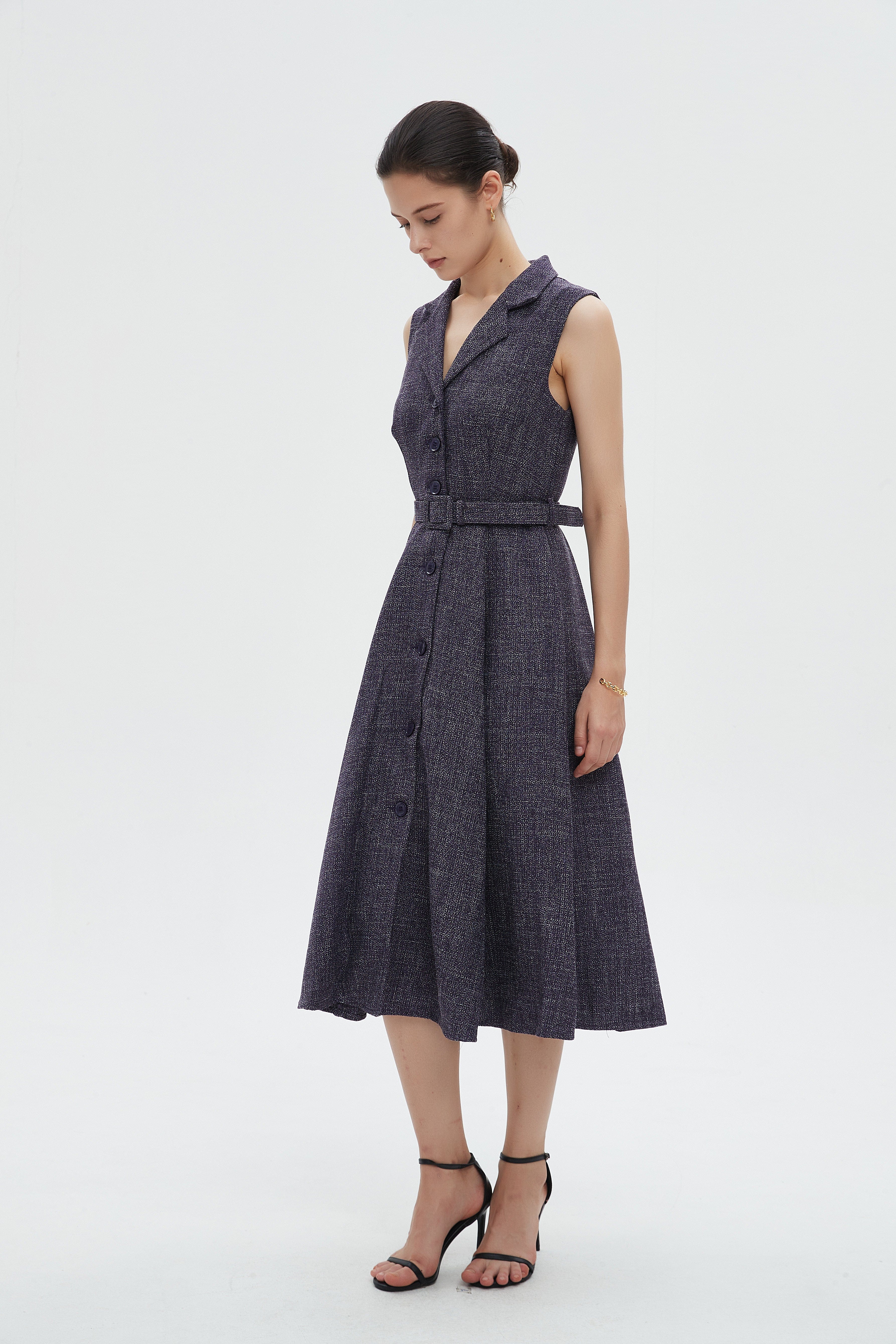 ميكا فستان نسائي ميدي كات بياقة وحزام على الخصر