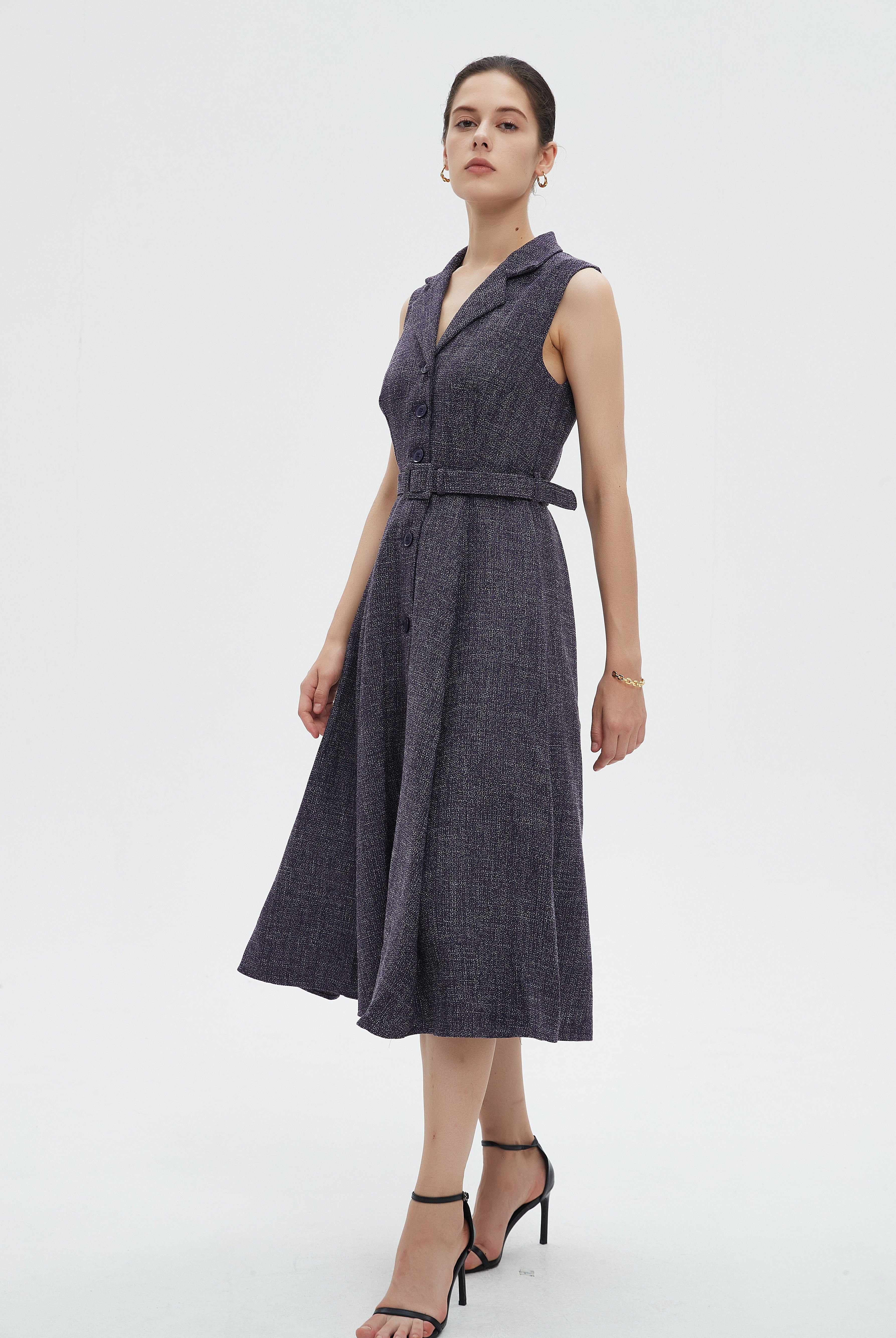 ميكا فستان نسائي ميدي كات بياقة وحزام على الخصر