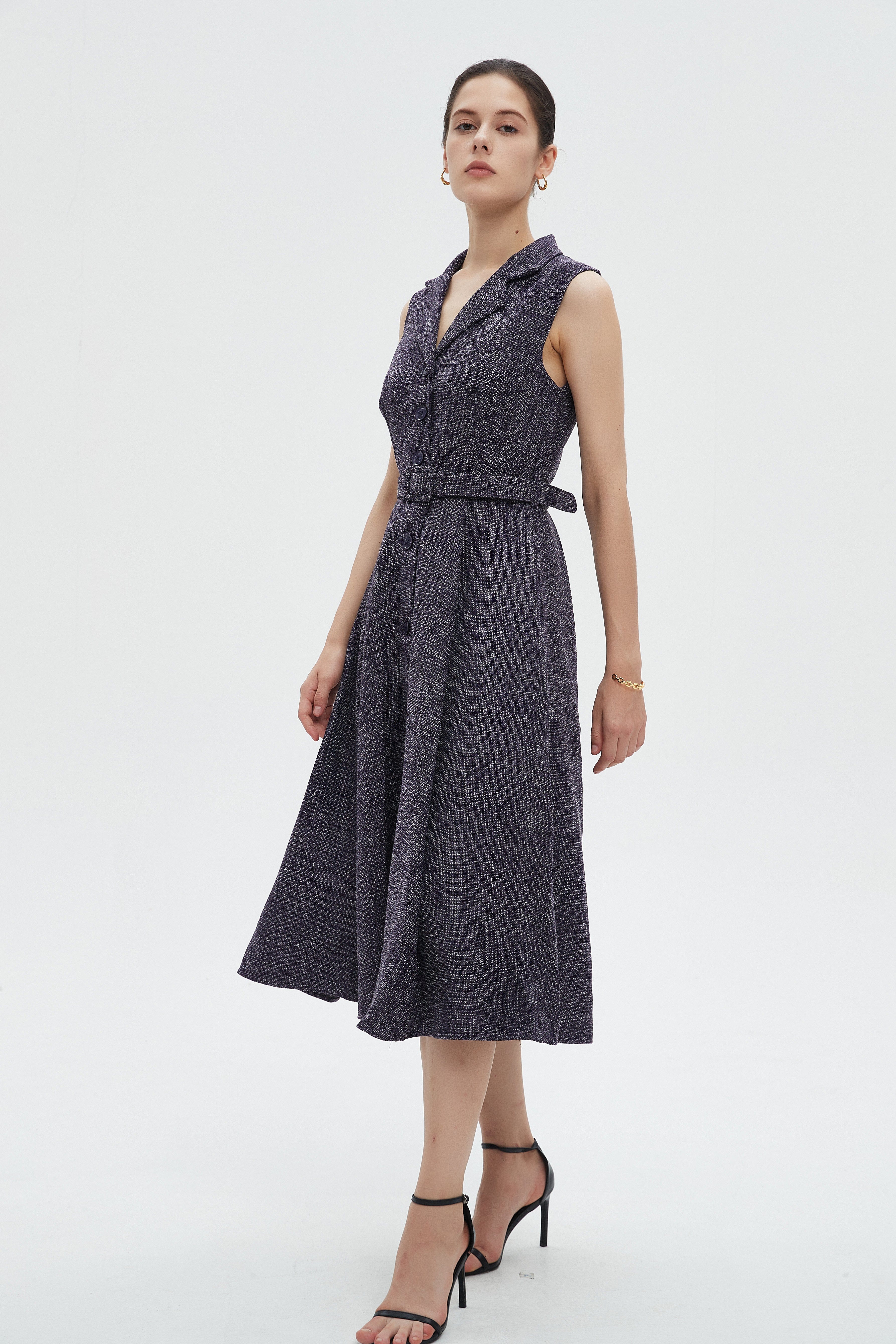 ميكا فستان نسائي ميدي كات بياقة وحزام على الخصر