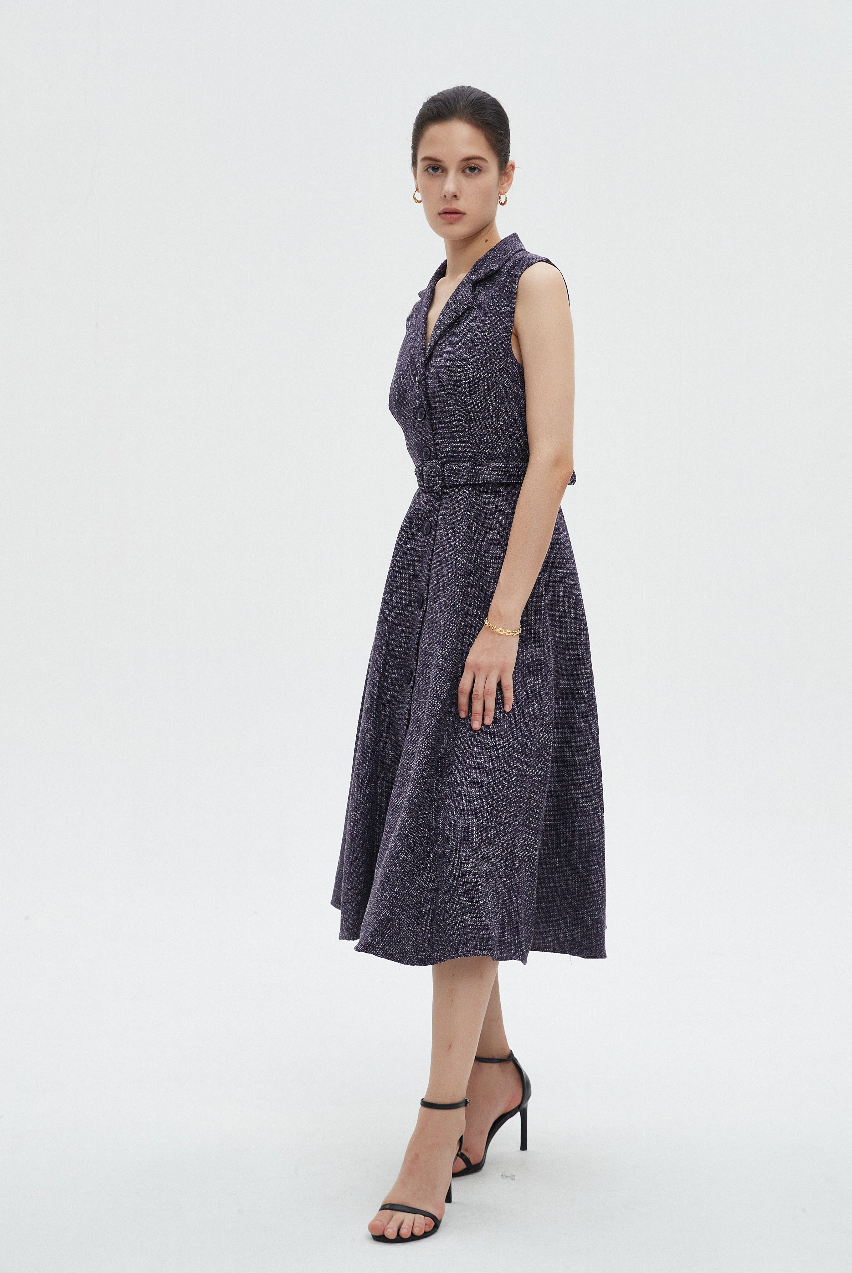 ميكا فستان نسائي ميدي كات بياقة وحزام على الخصر