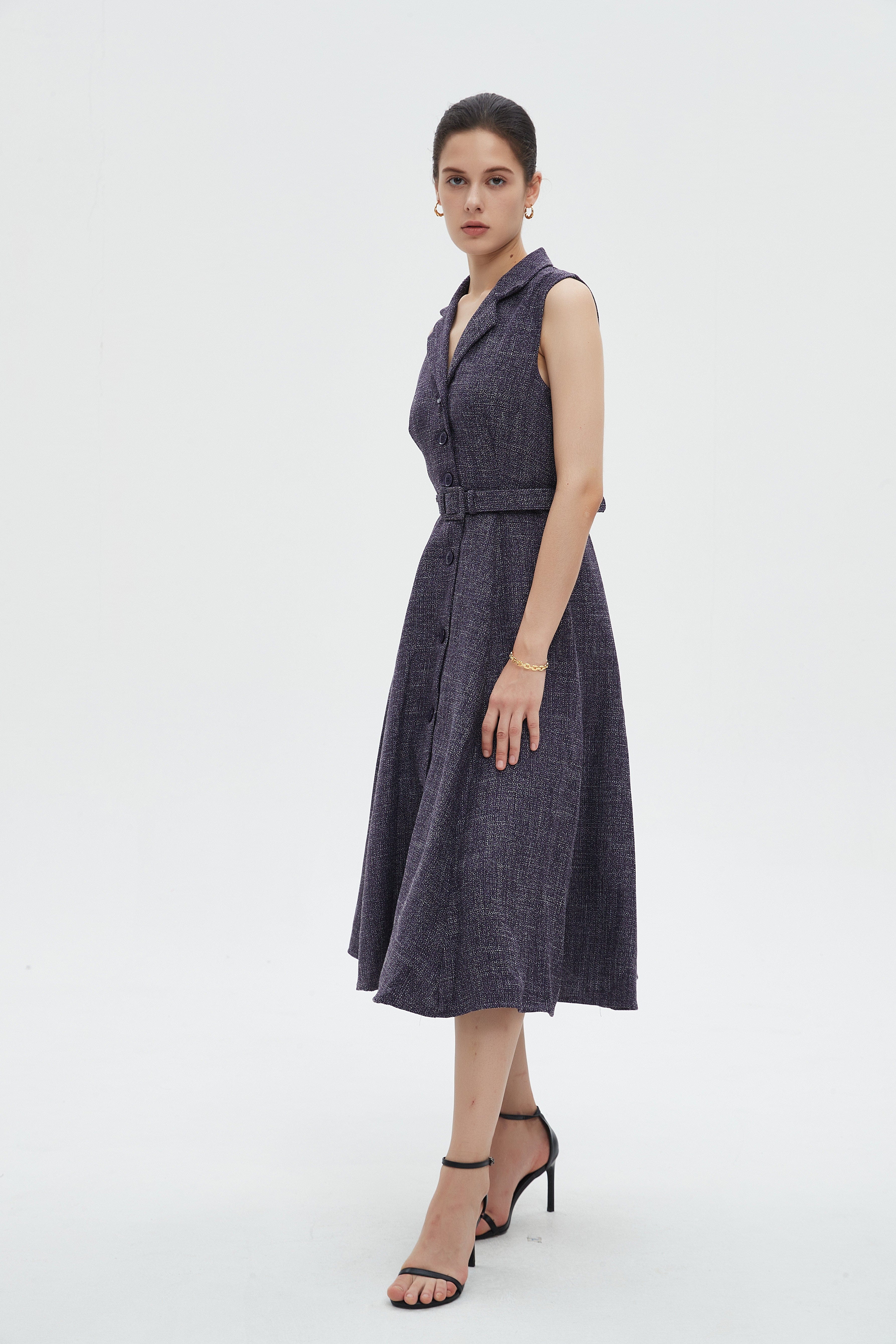 ميكا فستان نسائي ميدي كات بياقة وحزام على الخصر