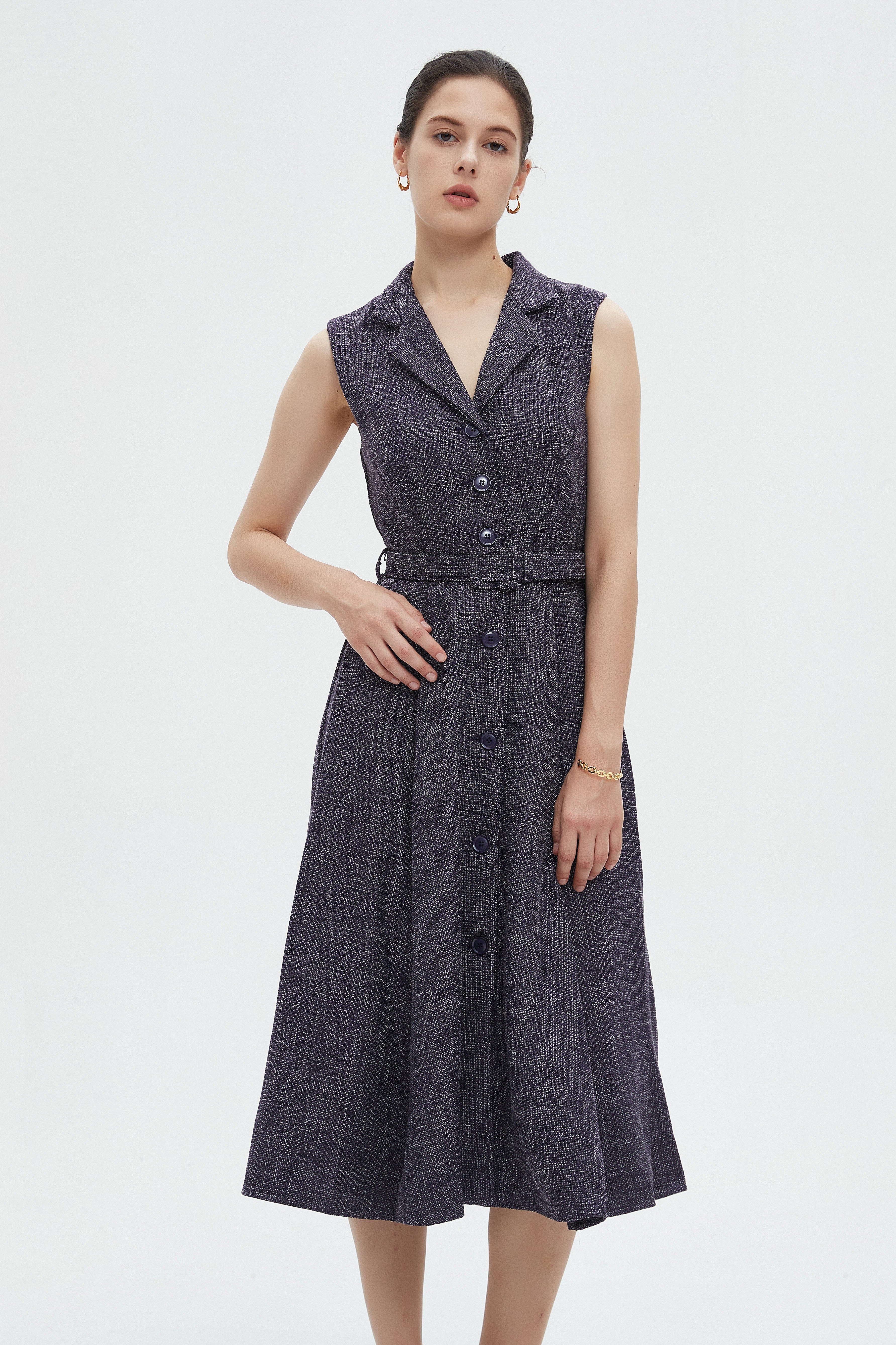 ميكا فستان نسائي ميدي كات بياقة وحزام على الخصر