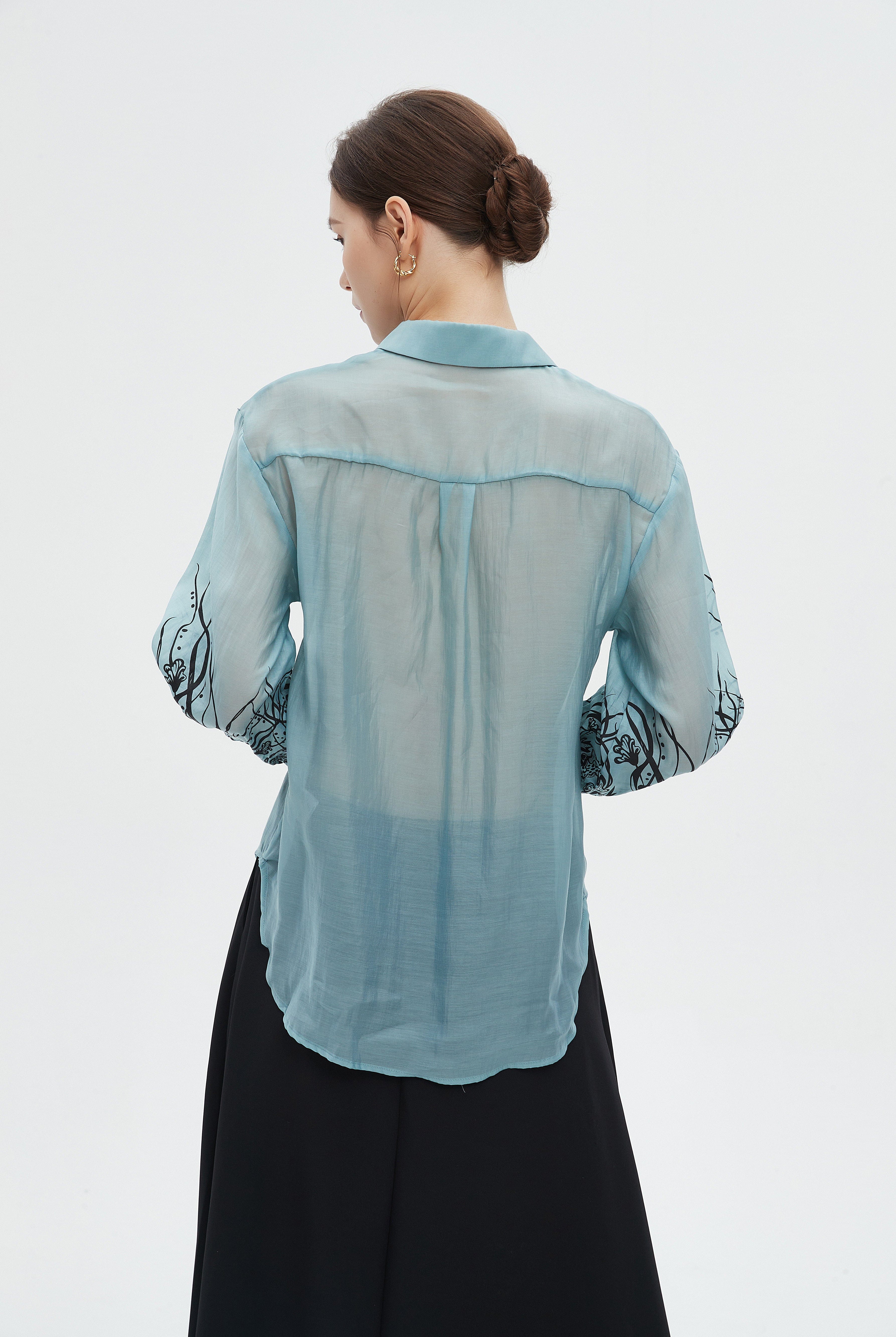 ميكا بلوزة نسائية طويلة شفافة بياقه وكم طويل