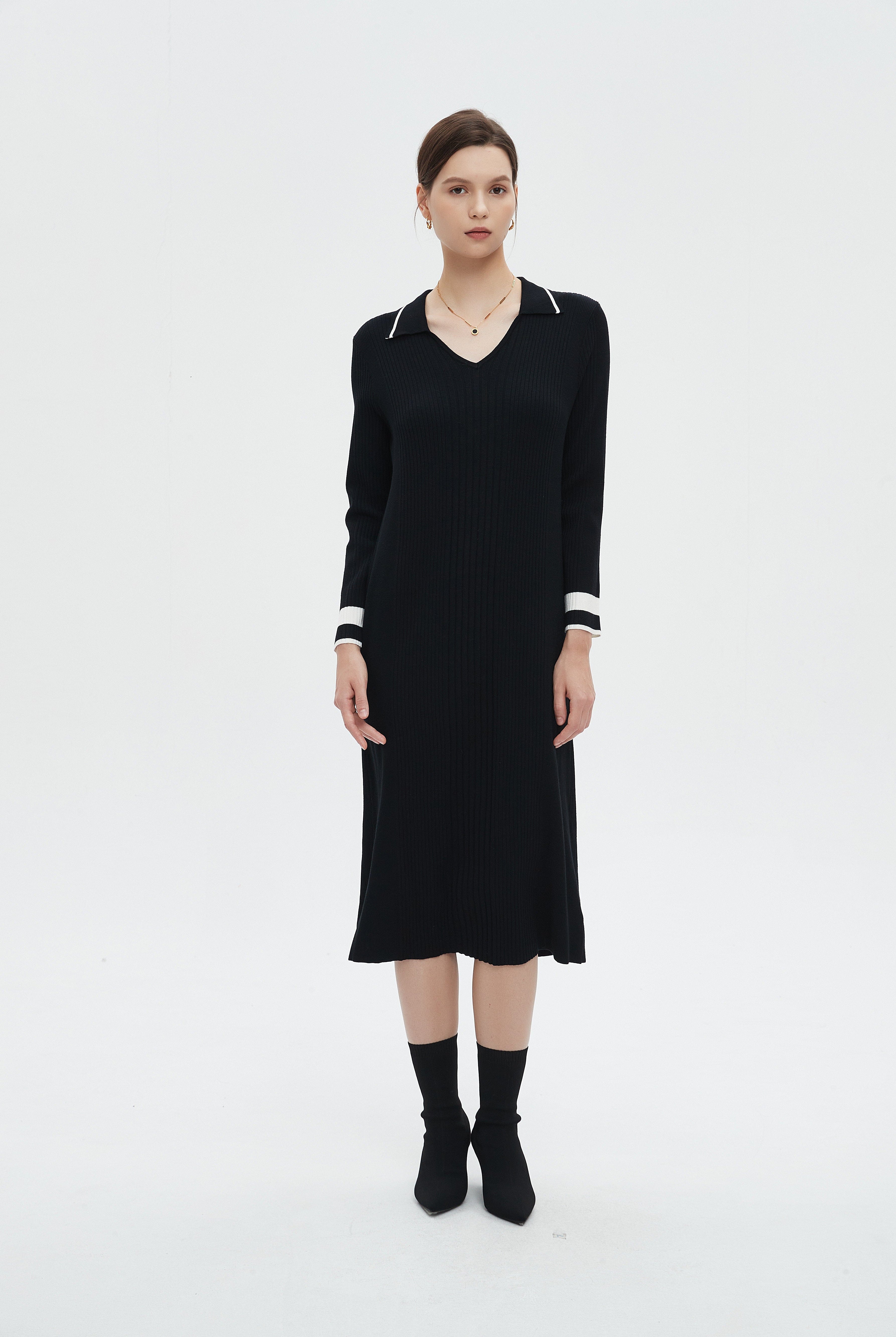 ميكا فستان نسائي ميدي شتوي بياقة وفتحة رقبة V وأكمام طويلة