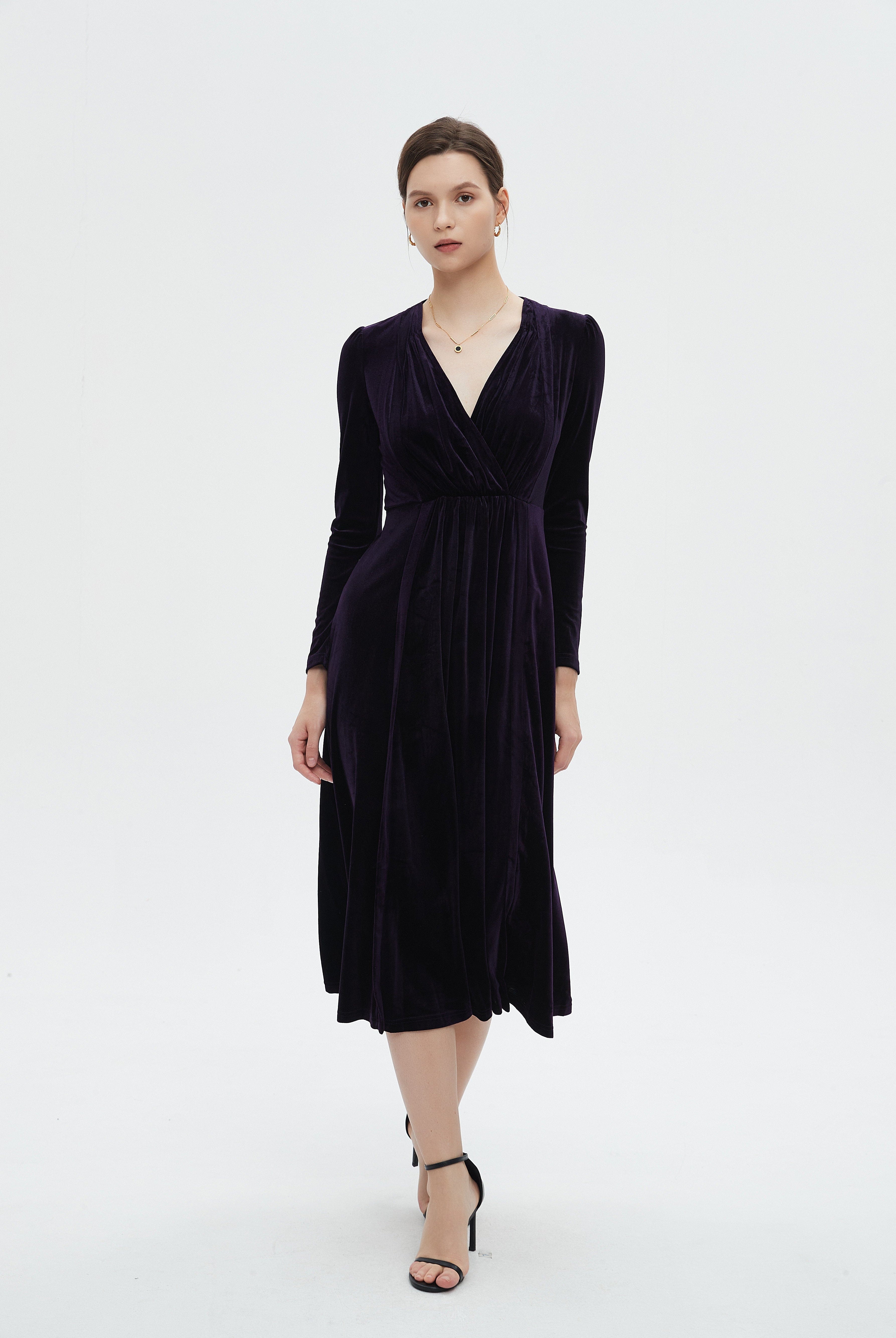 ميكا فستان نسائي ميدي سادة بكم طويل وفتحة رقبة V