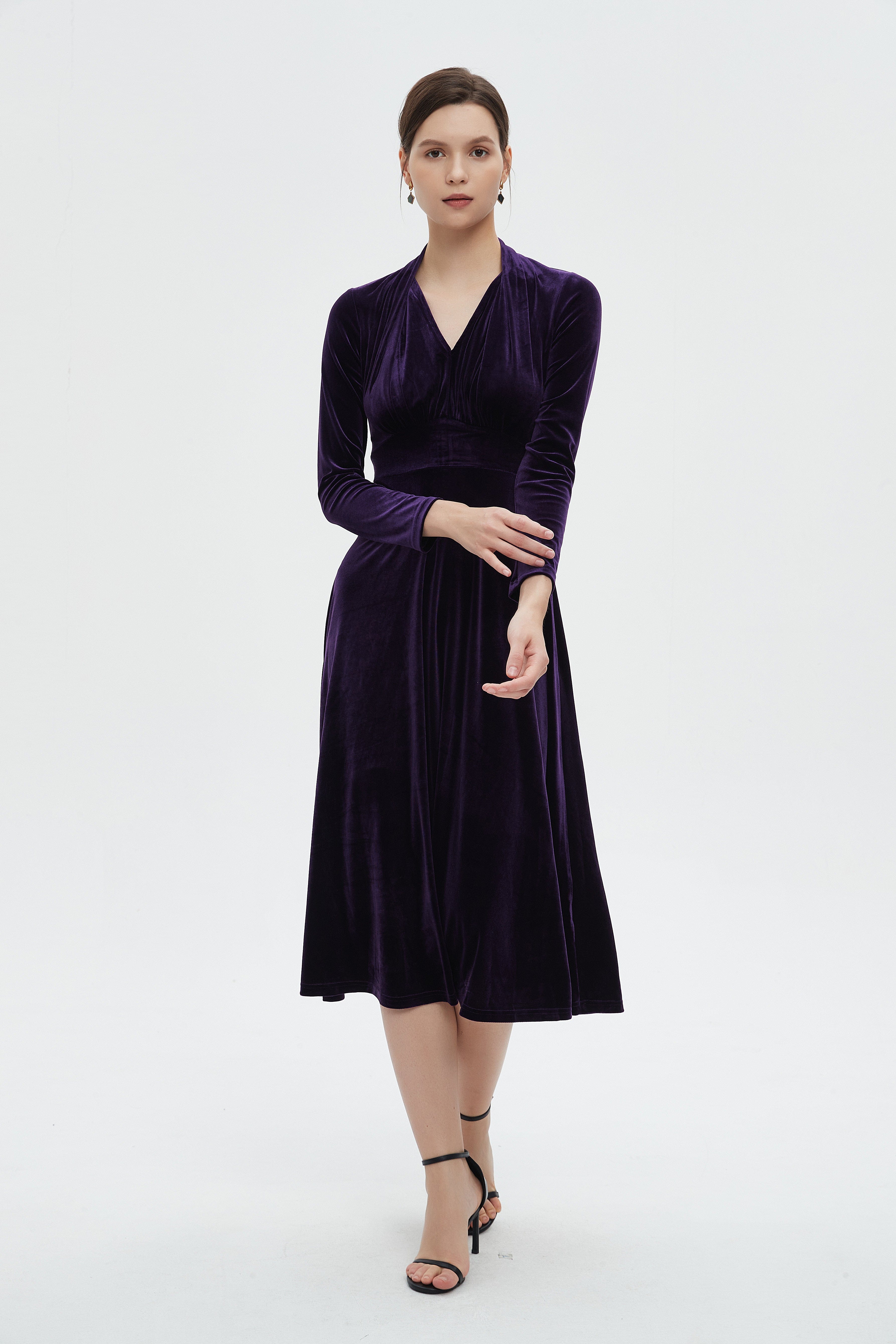 ميكا فستان مخملي نسائي للركبة بأكمام طويلة ونصف كشكش