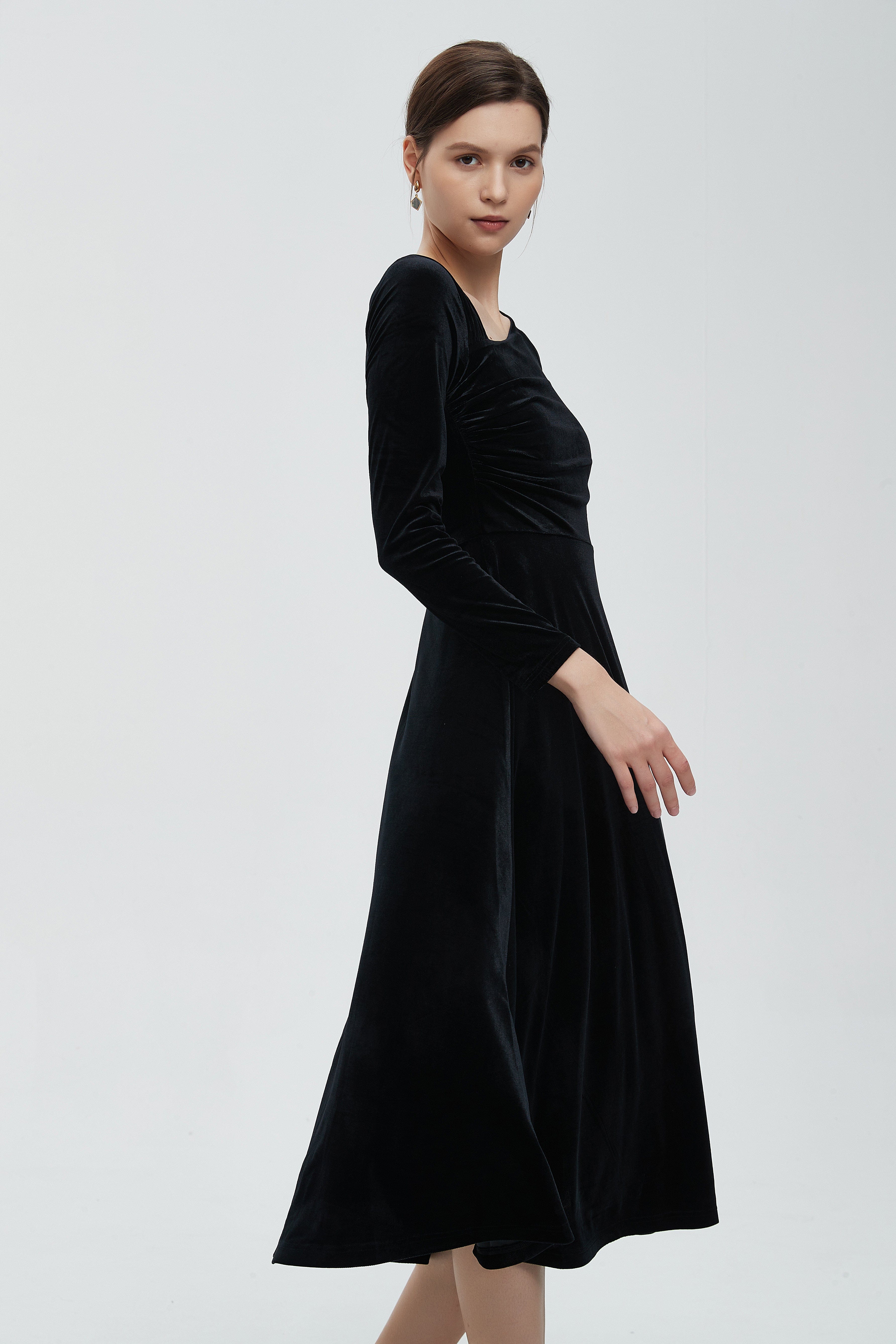 ميكا فستان نسائي للركبة مخملي بكم طويل وقصه رقبة V