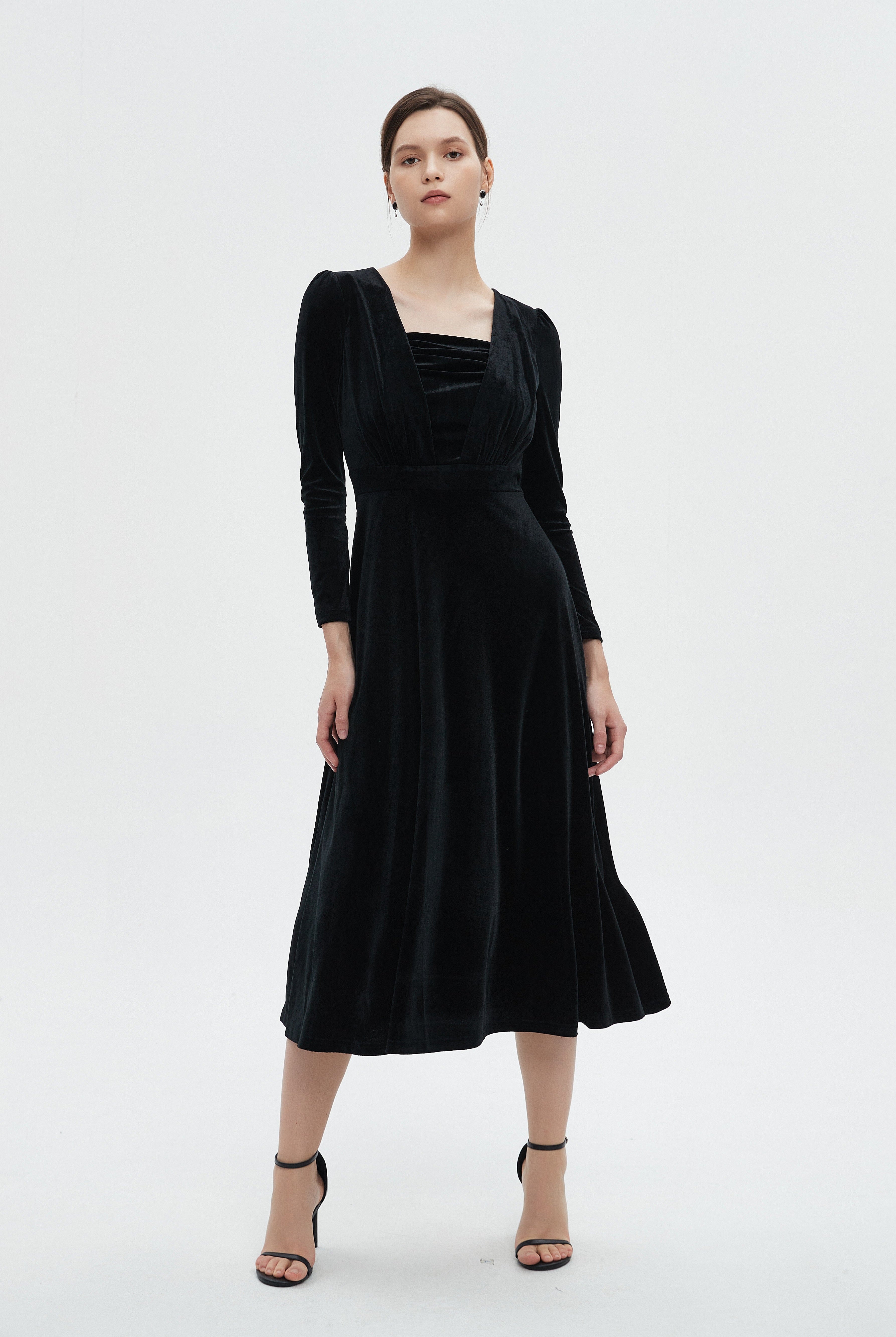 ميكا فستان نسائي ميدي بقصة كشكش وكم طويل شتوي