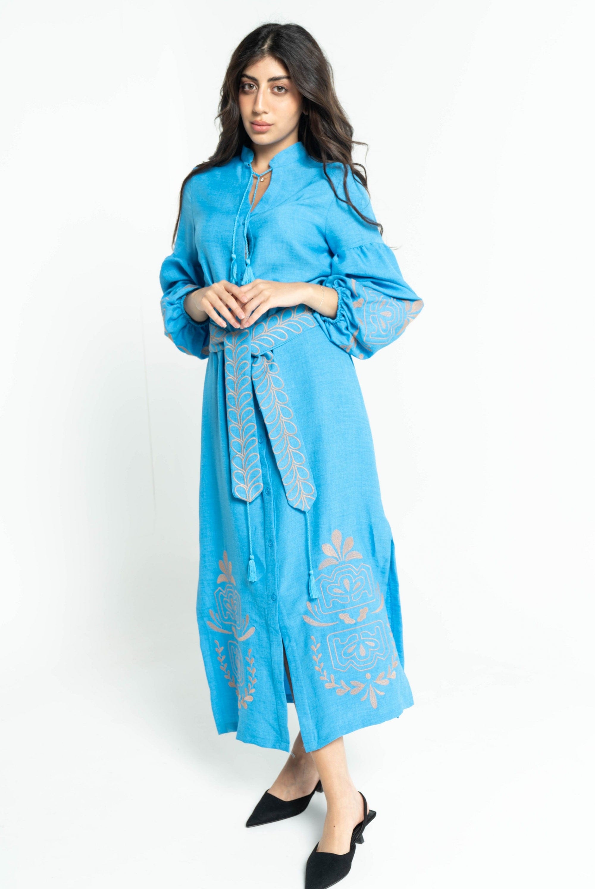 ببل فاشن فستان نسائي طويل منقوش من الكم ومن الاسفل وبحزام على الخصر