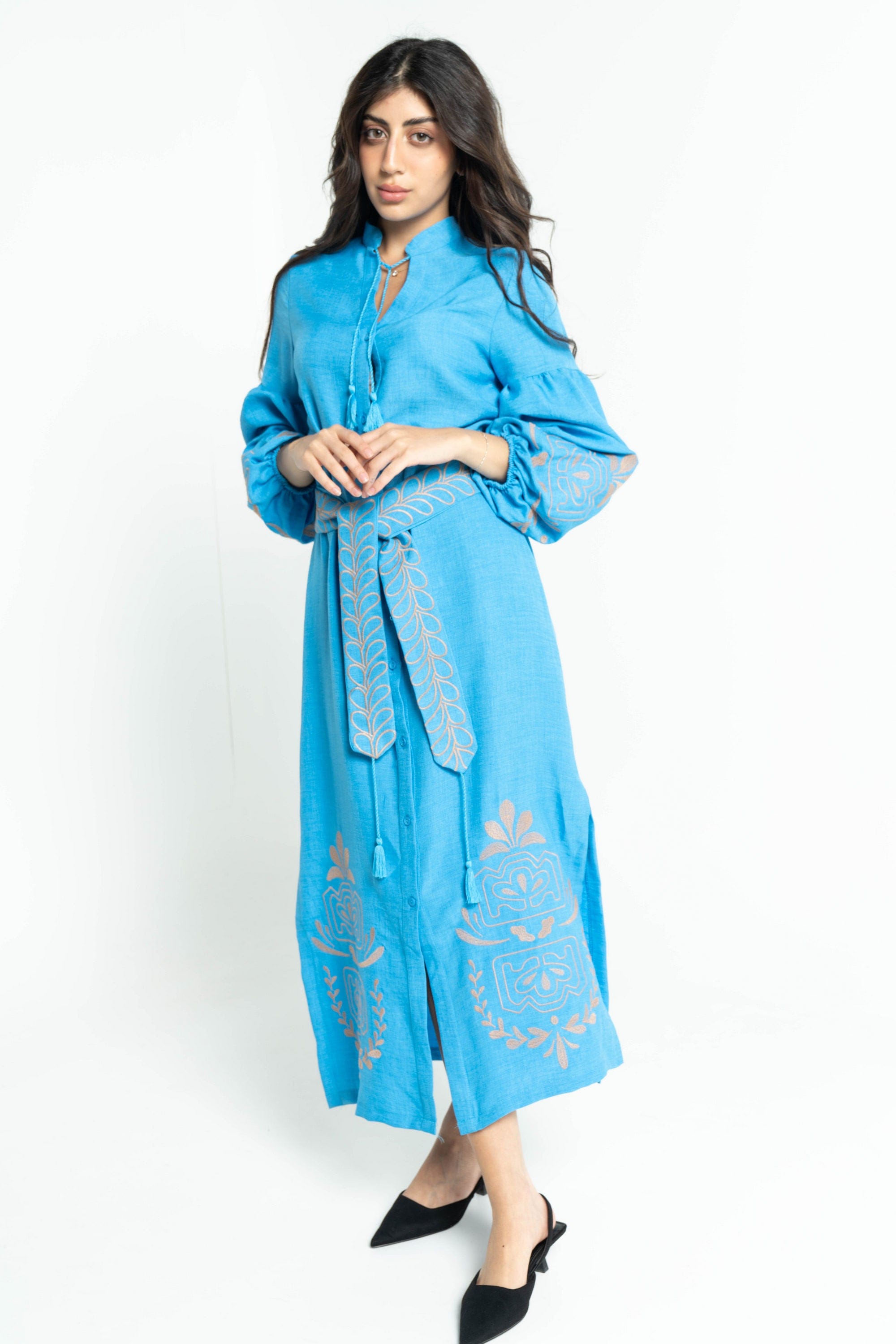 ببل فاشن فستان نسائي طويل منقوش من الكم ومن الاسفل وبحزام على الخصر