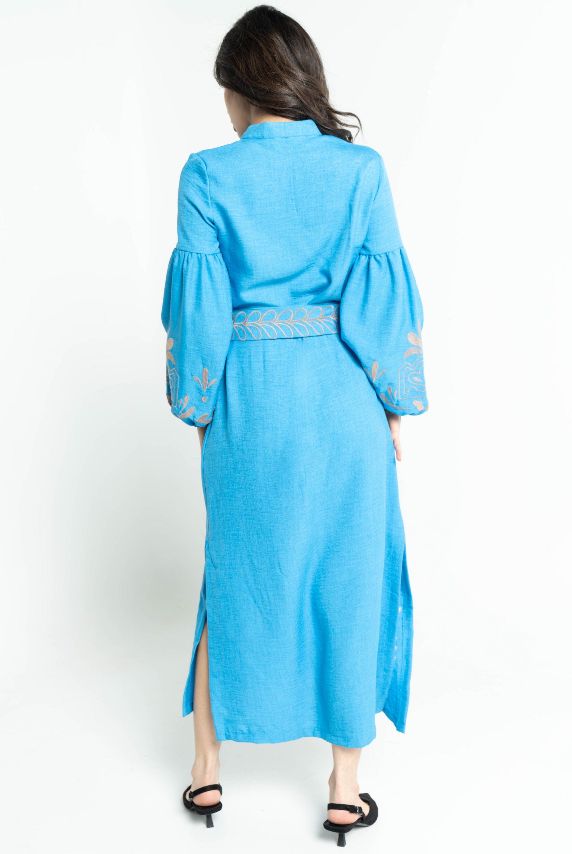 ببل فاشن فستان نسائي طويل منقوش من الكم ومن الاسفل وبحزام على الخصر