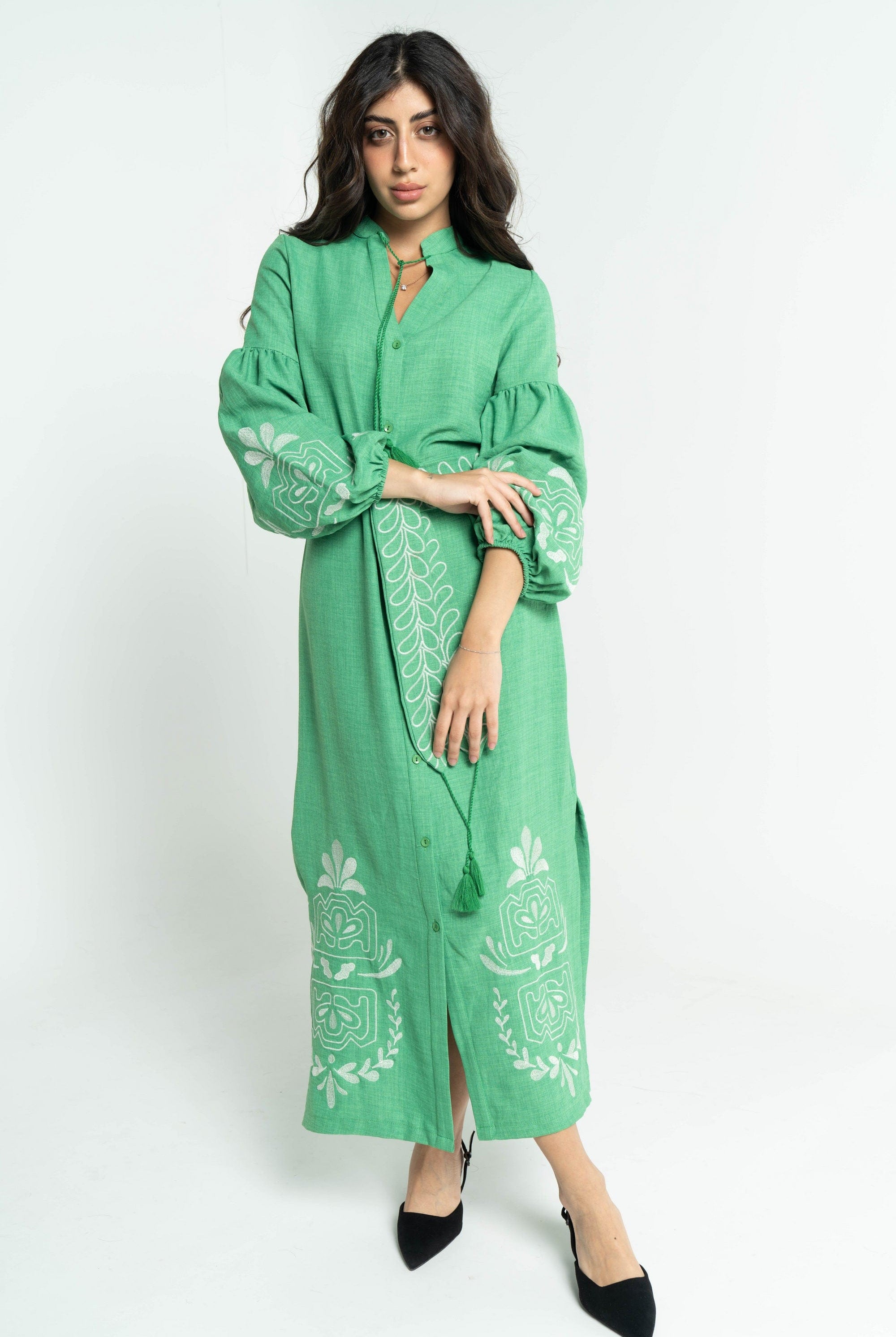 ببل فاشن فستان نسائي طويل منقوش من الكم ومن الاسفل وبحزام على الخصر