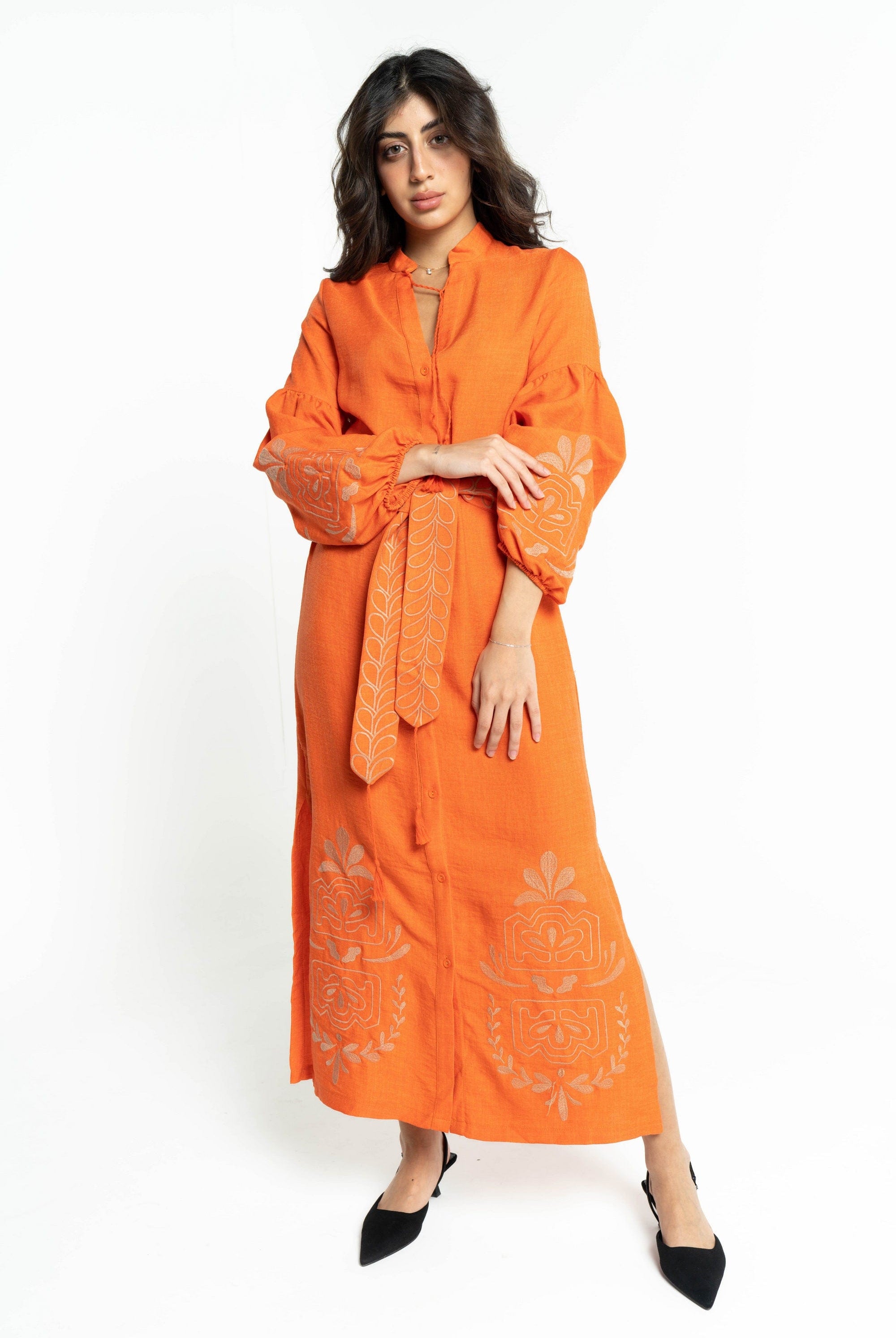 ببل فاشن فستان نسائي طويل منقوش من الكم ومن الاسفل وبحزام على الخصر