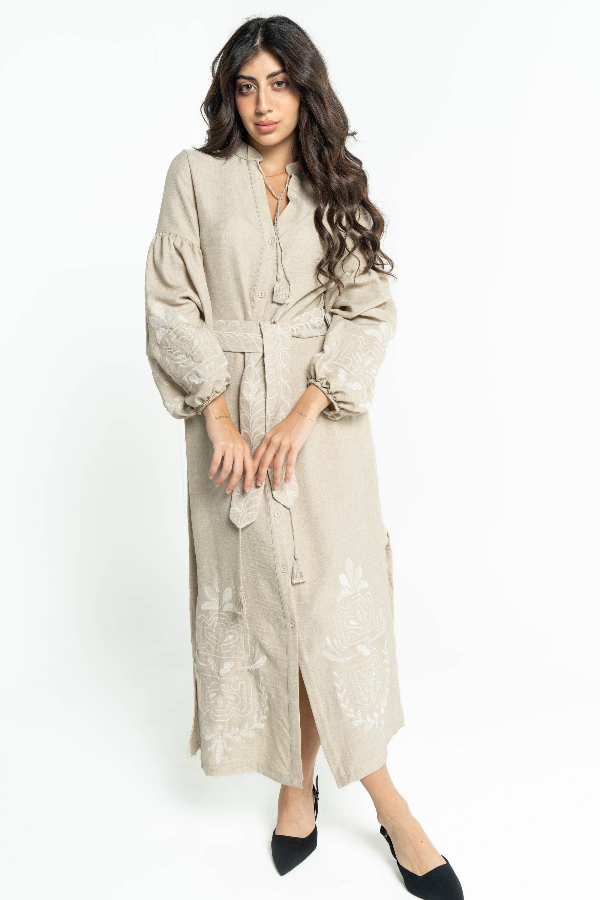 ببل فاشن فستان نسائي طويل منقوش من الكم ومن الاسفل وبحزام على الخصر