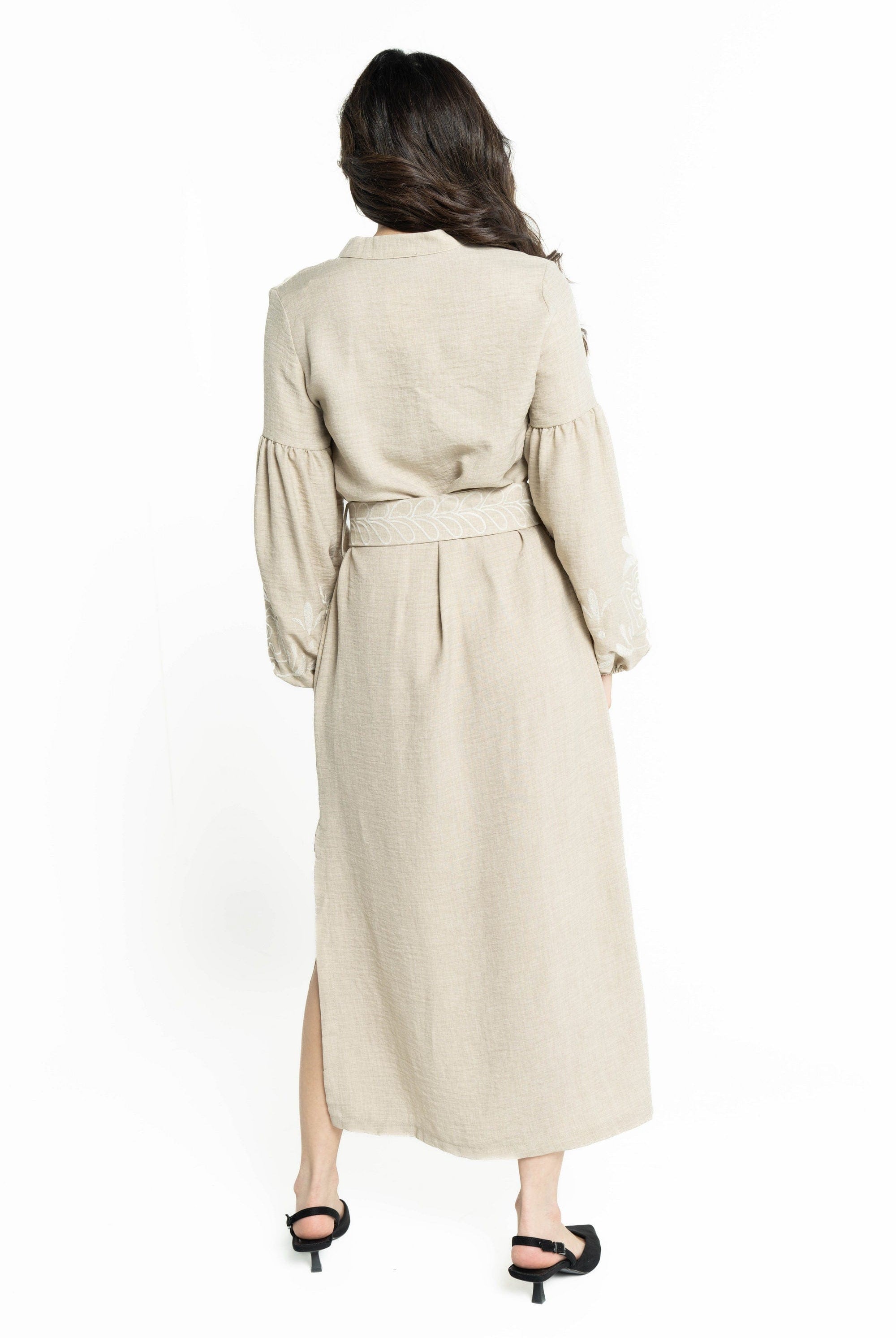 ببل فاشن فستان نسائي طويل منقوش من الكم ومن الاسفل وبحزام على الخصر