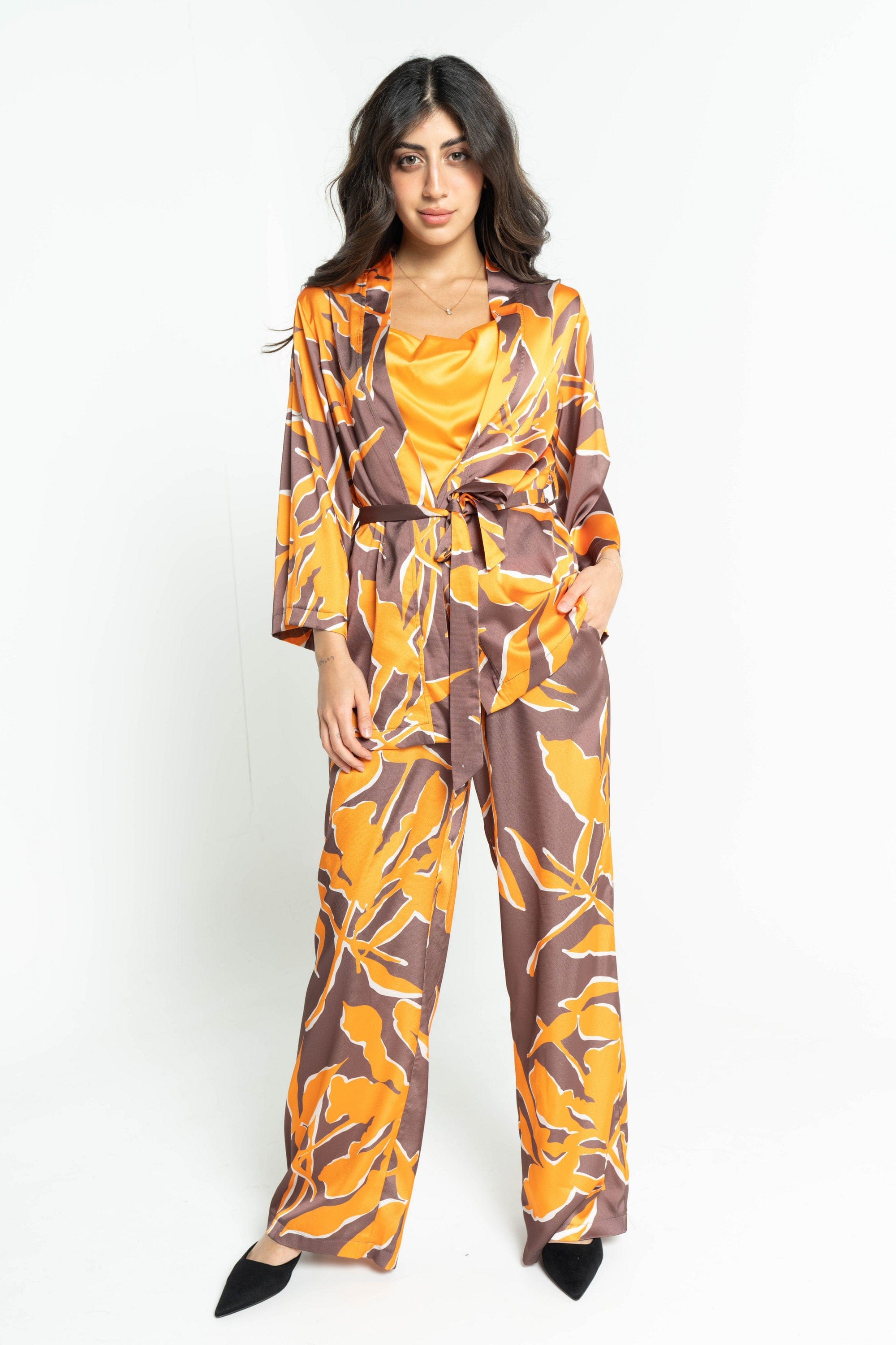 ببل فاشن كيمونو نسائي قصير مشجر برباط عالخصر برتقالي