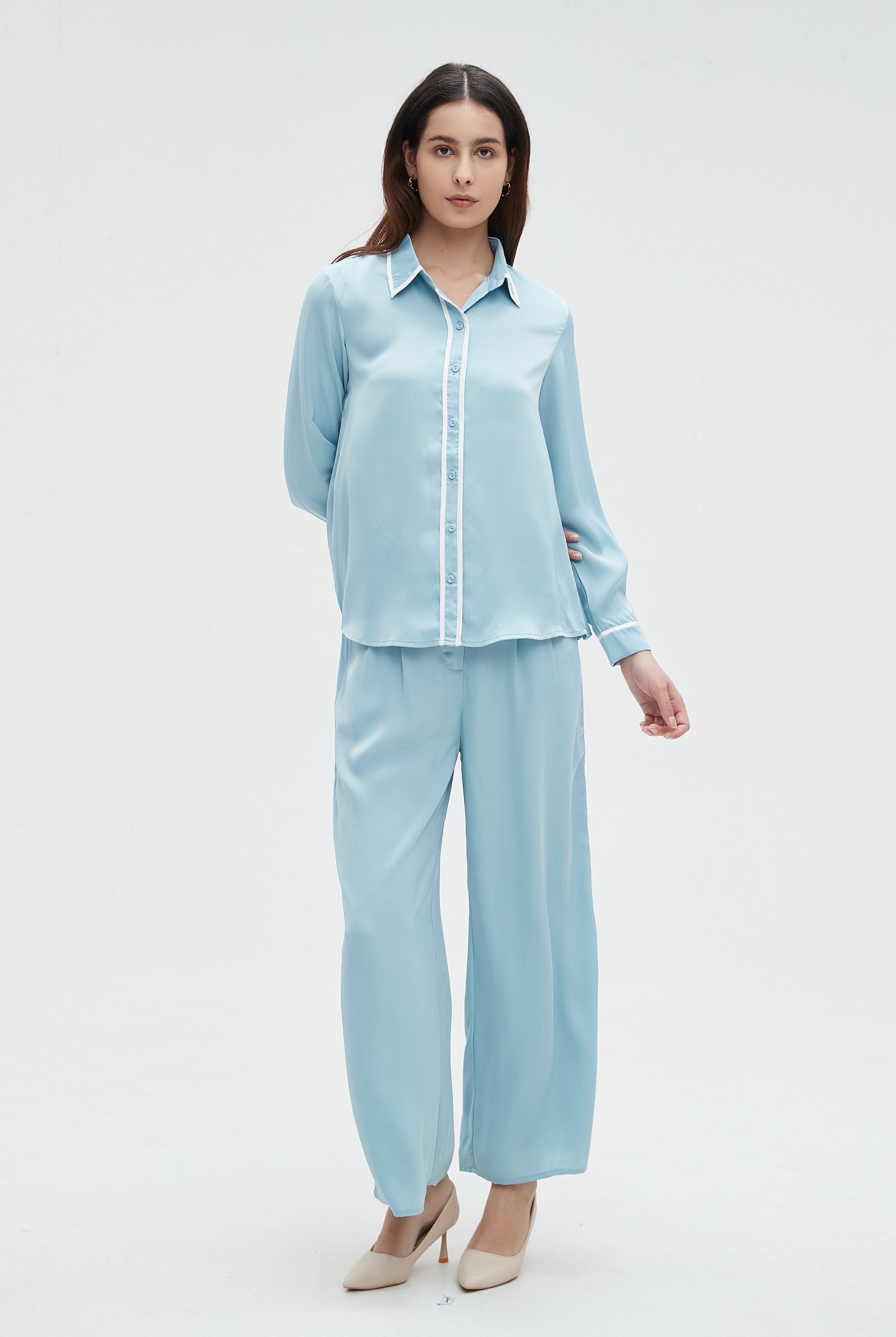 نتشي بنطلون سادة طويل نسائي برجل واسعة