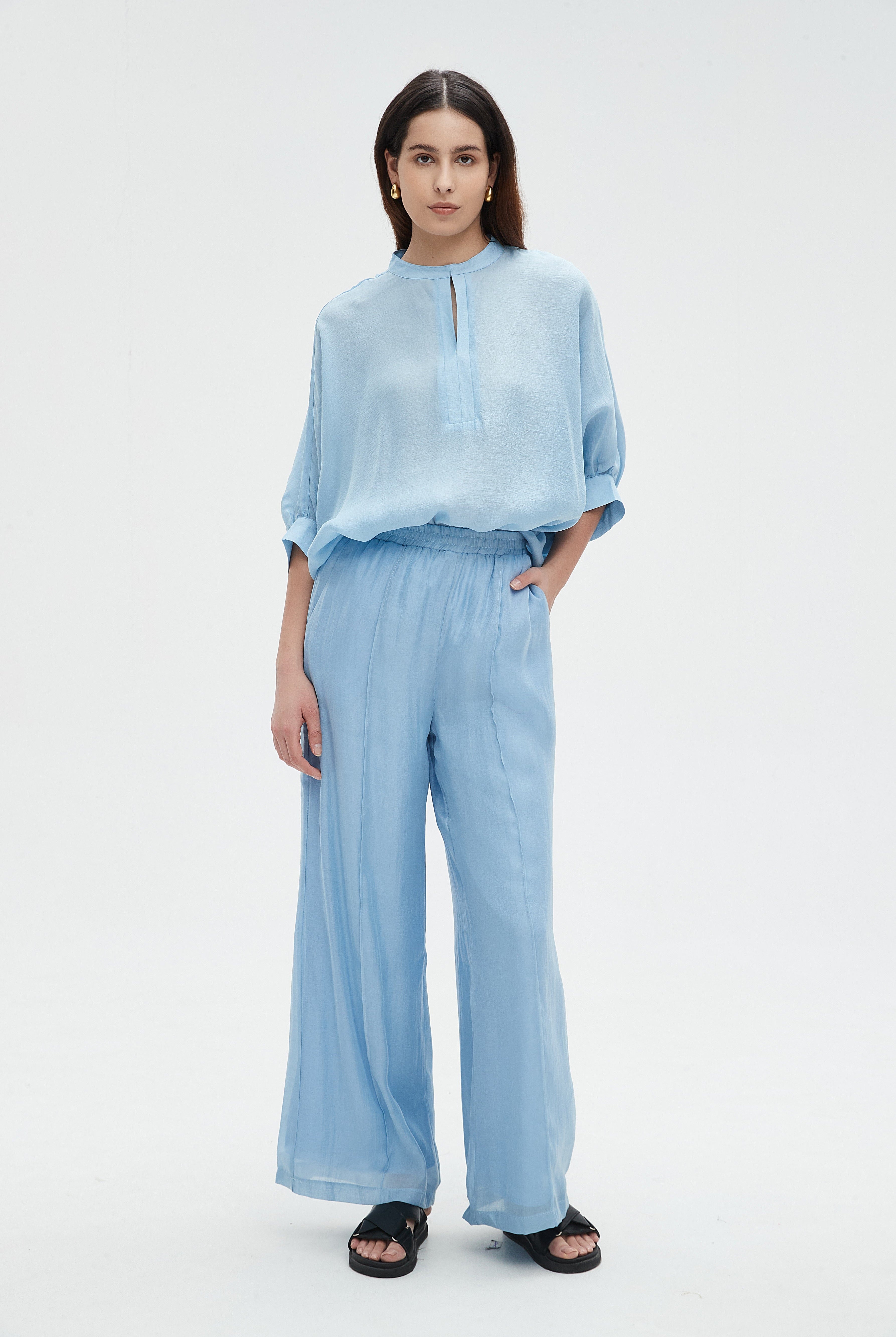 نتشي بنطلون نسائي طويل واسع باستك على الخصر