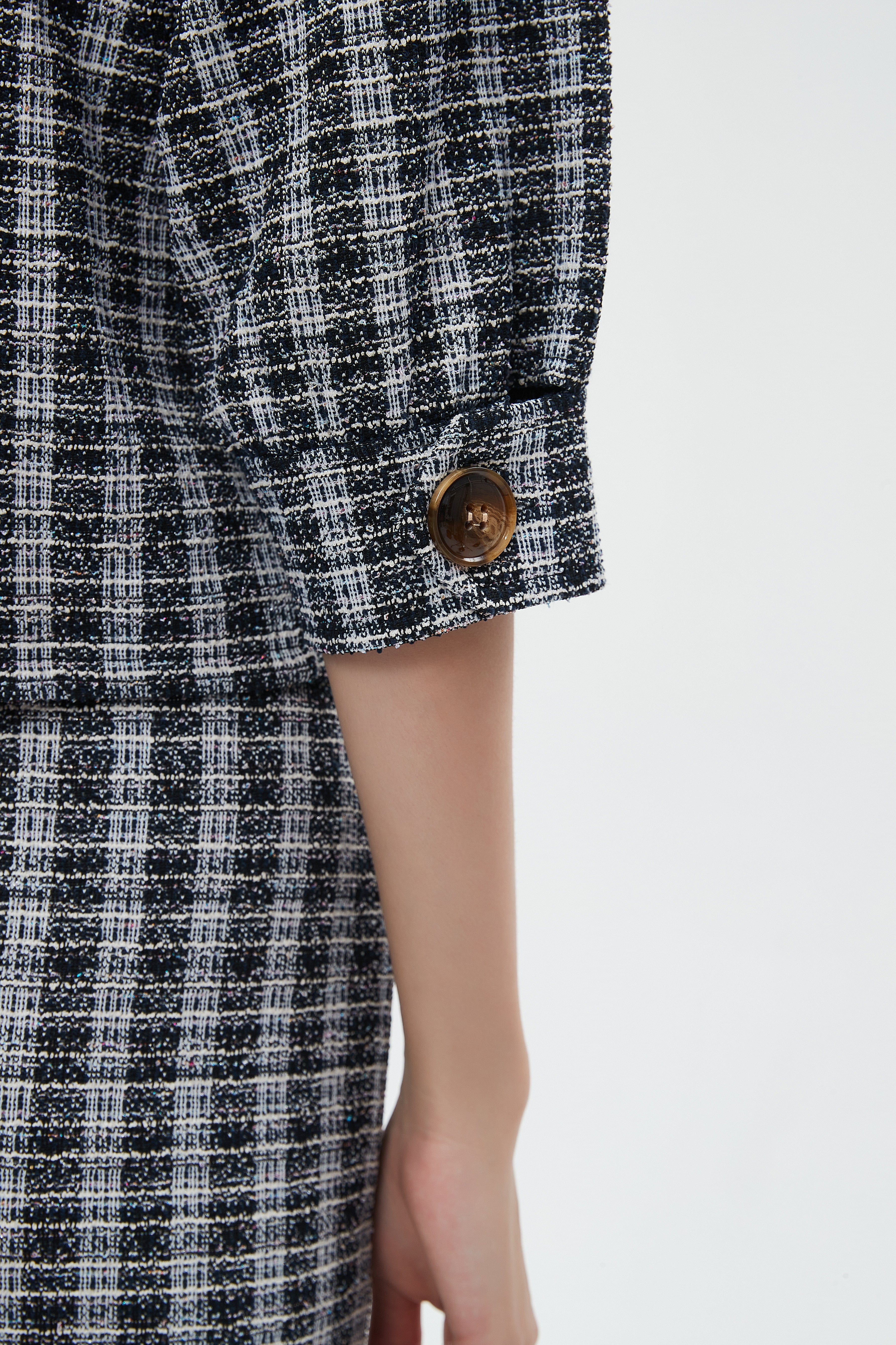 ميكا بلوزة نسائية 3/4 كم مخططة كاروهات برقبة دائرية