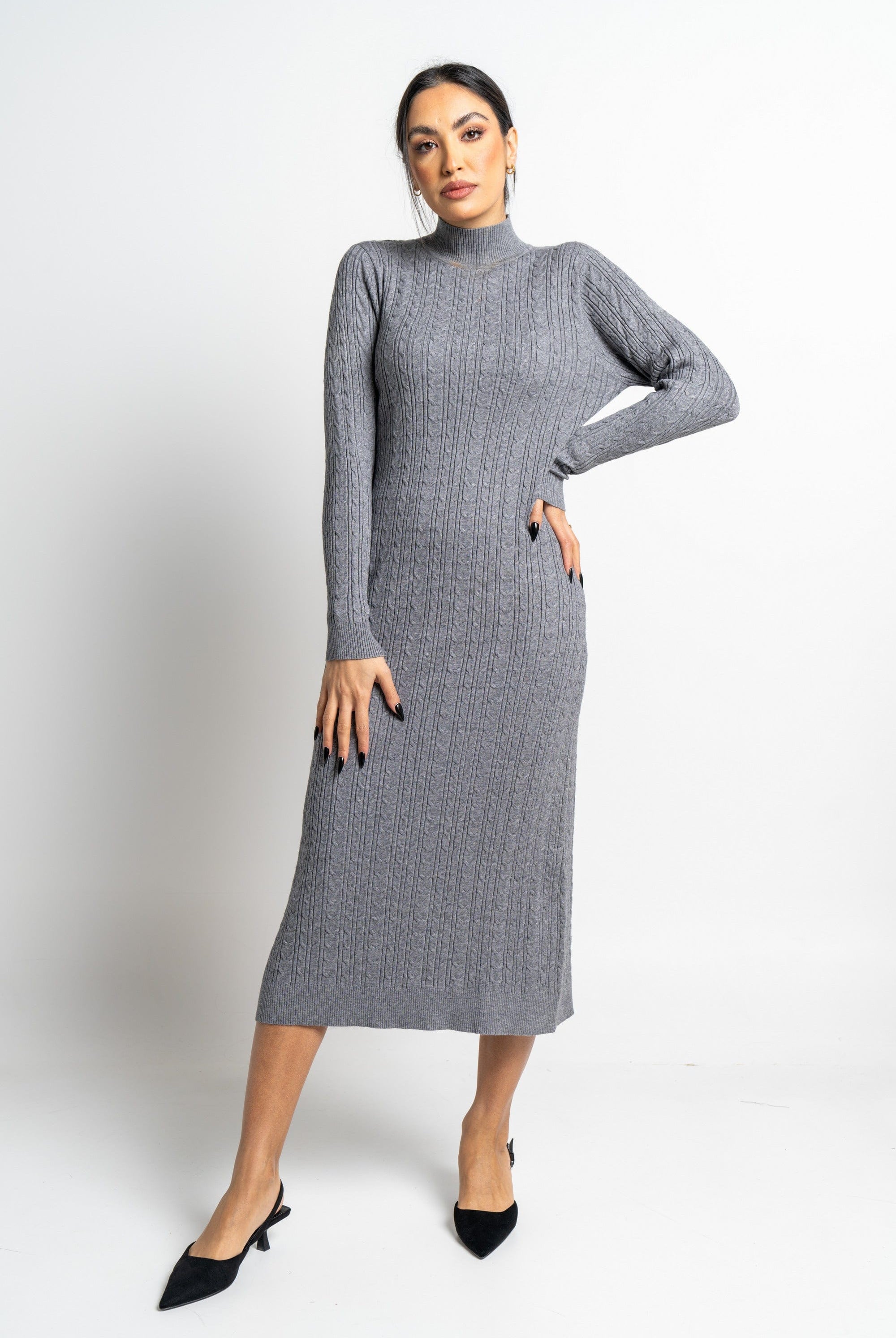 نتشي فستان ميدي مضفر برقبة مرتفعة كم طويل نسائي