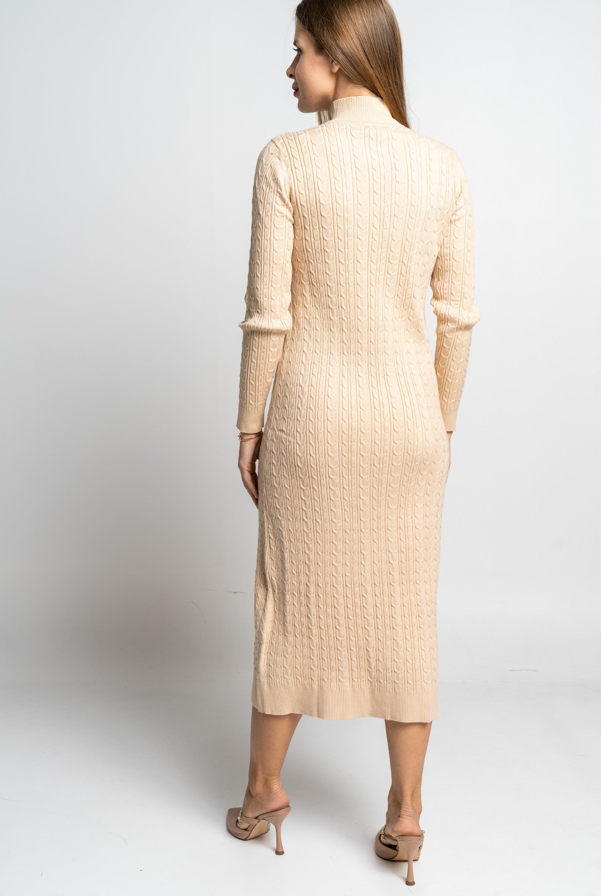 نتشي فستان ميدي مضفر برقبة مرتفعة كم طويل نسائي