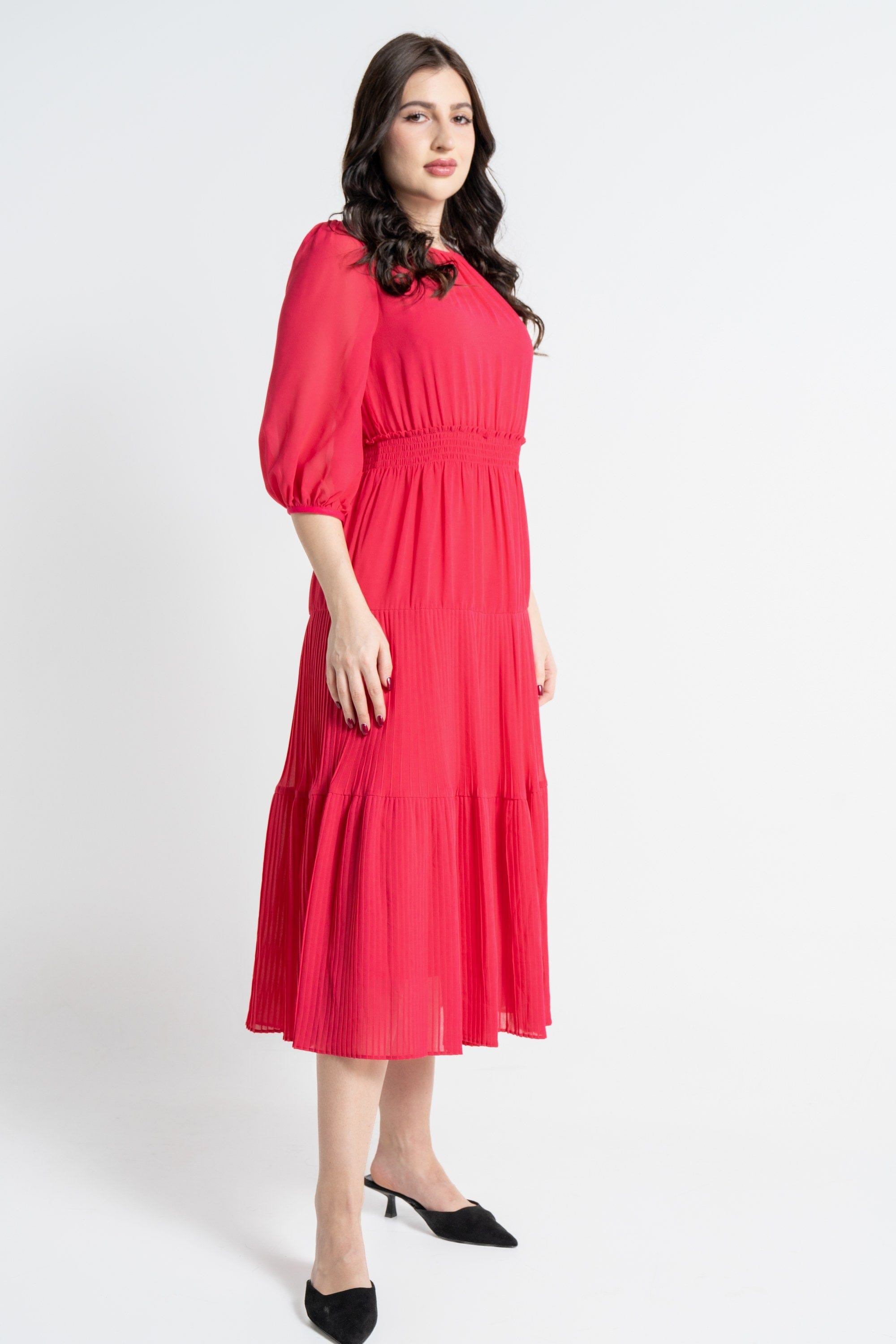 نتشي فستان ميدي بأكمام 3/4 مخصر سادة نسائي