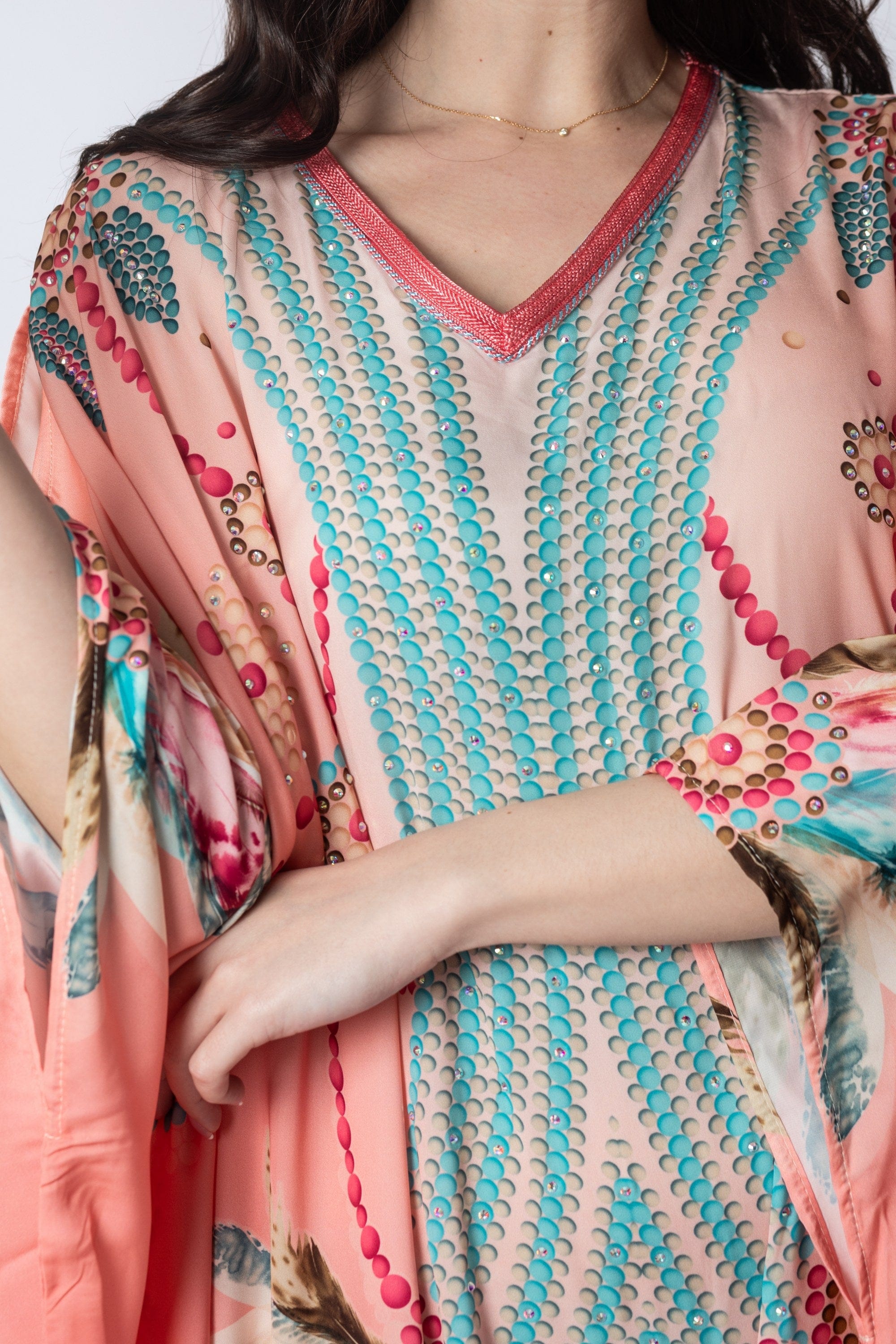 ديامانتين غندورة منقوشة واسعة طويلة كم 3/4 نسائي مرجاني